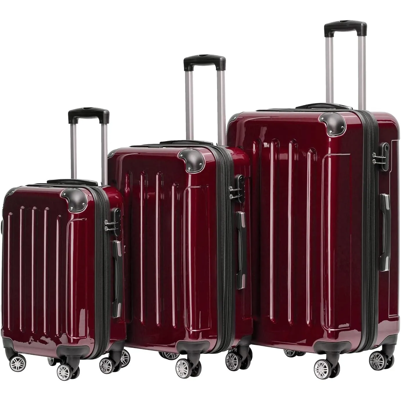 BEIBYE Zwillingsrollen 2048 Hartschale Trolley Koffer Reisekoffer in M-L-XL-Set in 15 Farben (Rot, Set)