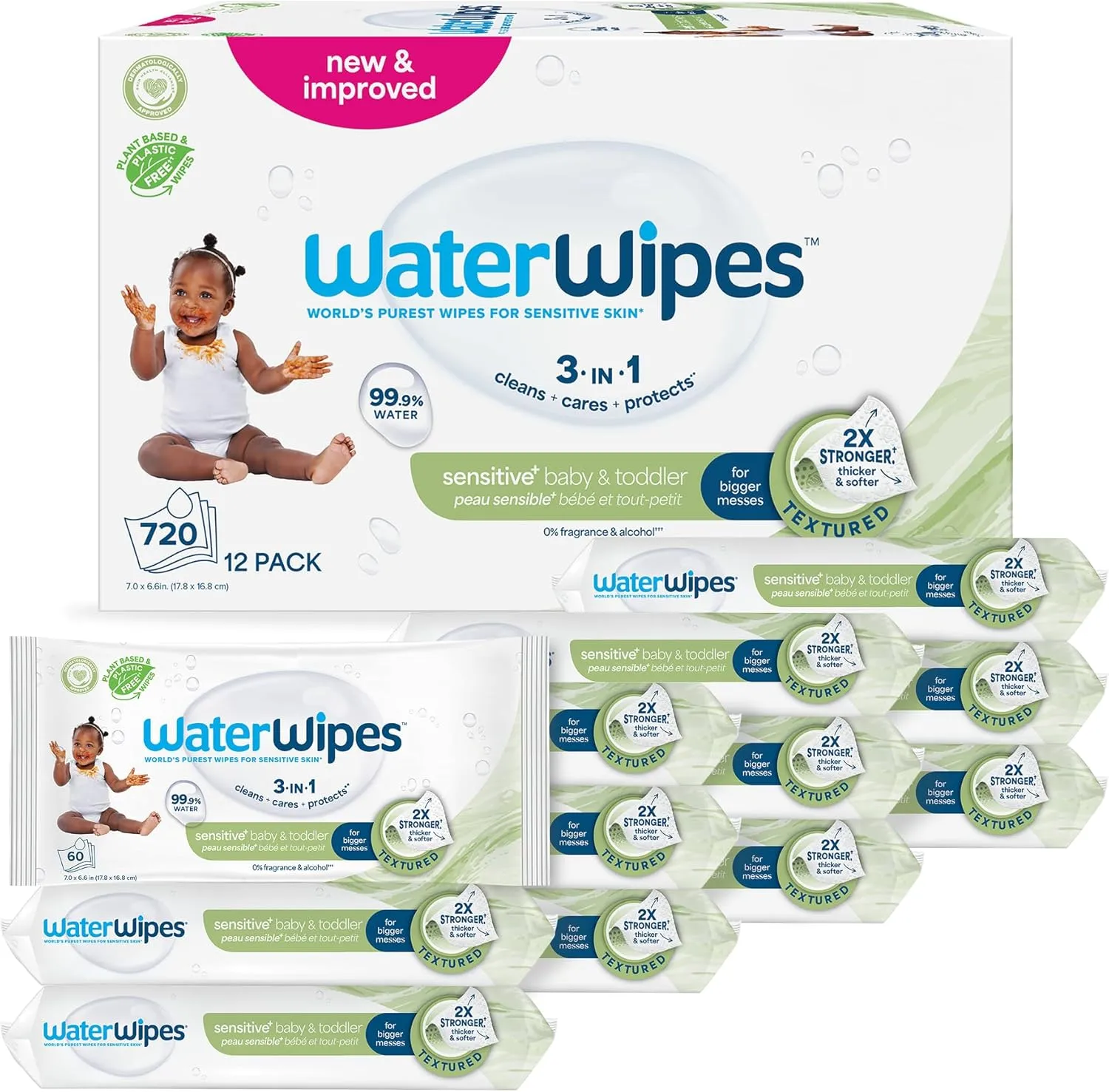 WaterWipes Sensitive+ Baby & Toddler Wipes, Baby- und Kleinkind-Feuchttücher, 720 Stück (12 Packungen), 3-in-1-Reinigun…