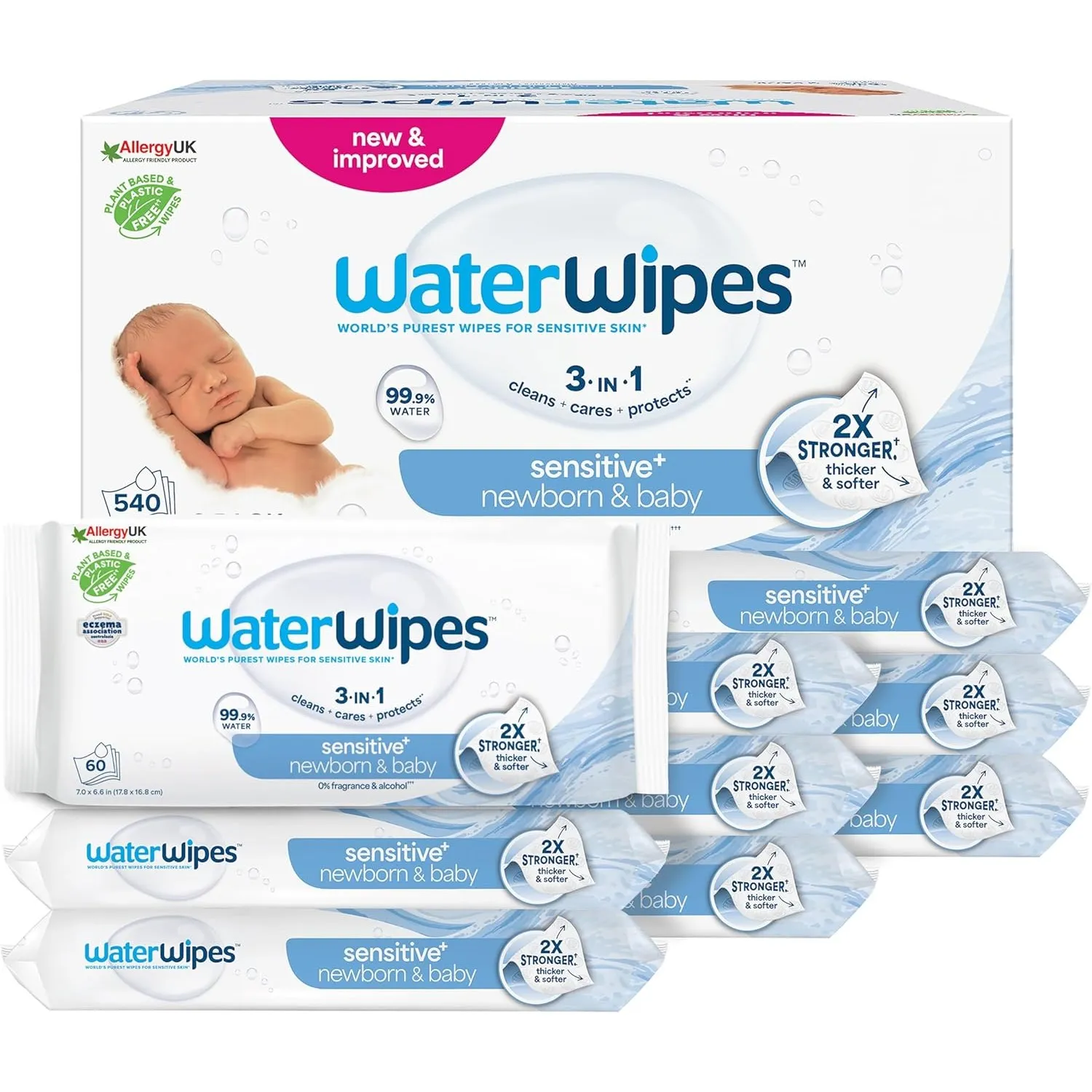 WaterWipes Sensitive+ Newborn & Baby Wipes, Feuchttücher für Neugeborene und Babys, 540 Stück (9 Packungen), 3-in-1-Rei…
