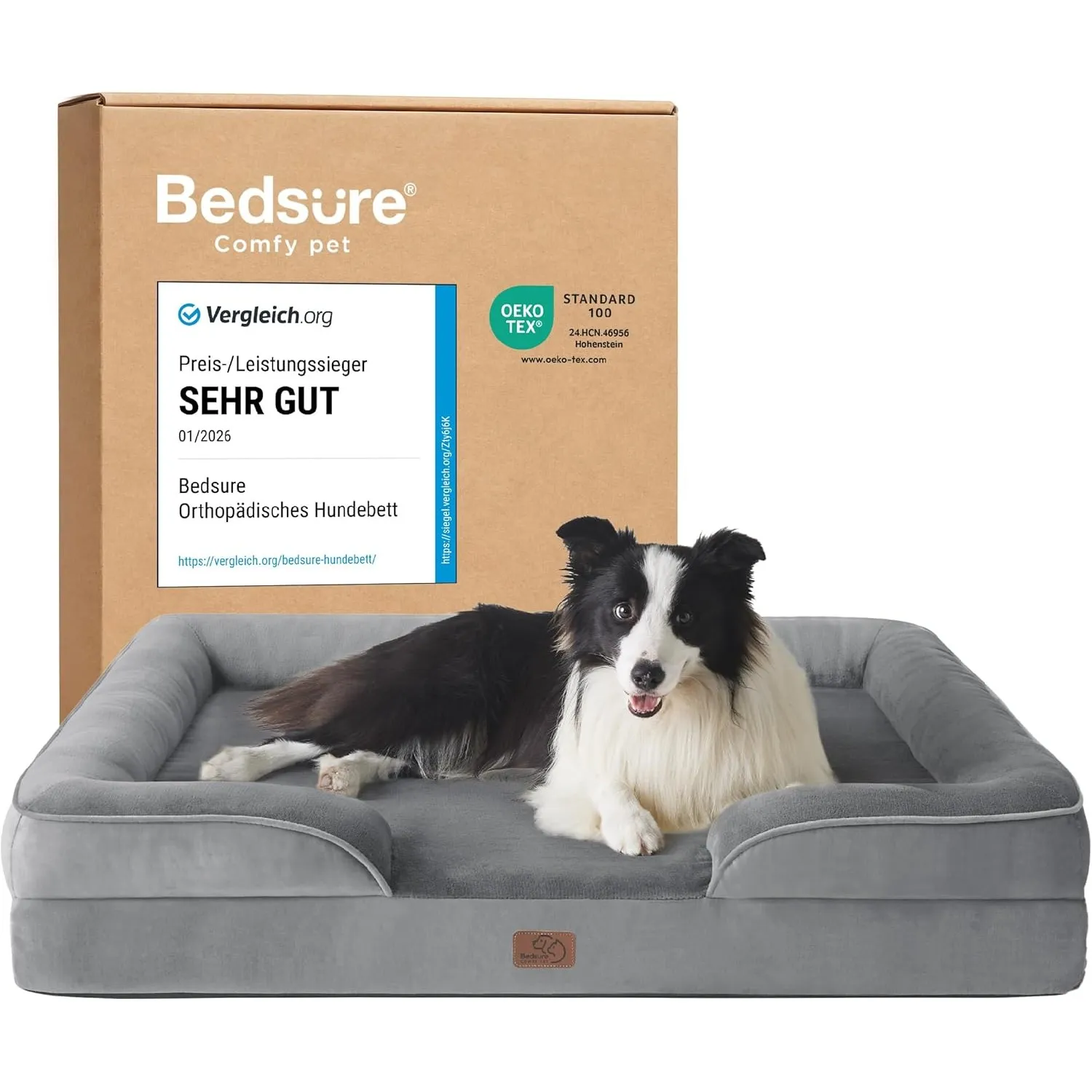 BEDSURE orthopädisches Hundebett ergonomisches Hundesofa, 89x63cm, grau