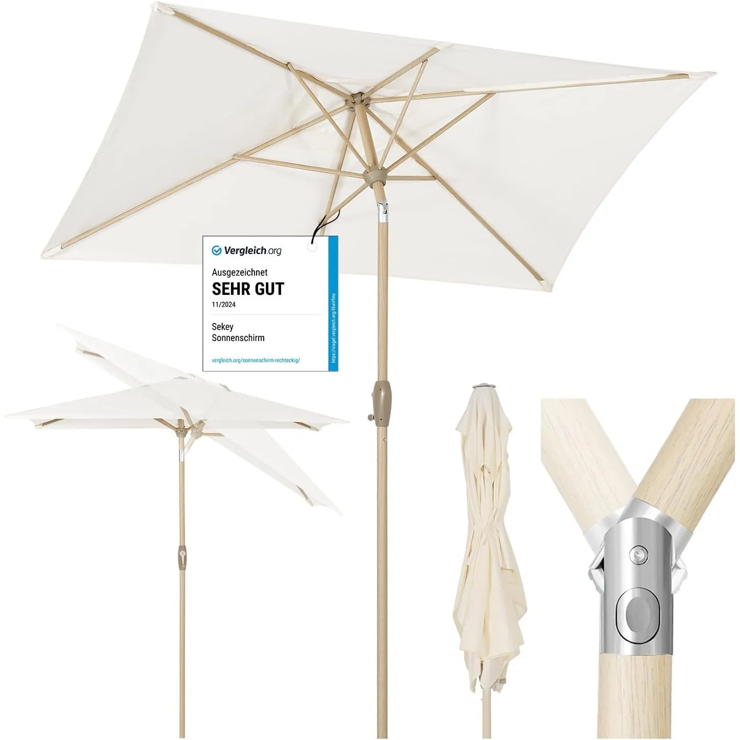 Sekey Aluminum Rechteckiger Sonnenschirm 210x140 cm mit Kurbel und Knicker | Holzoptik UV 50+ Schutz, rostfrei, 180 g/m…