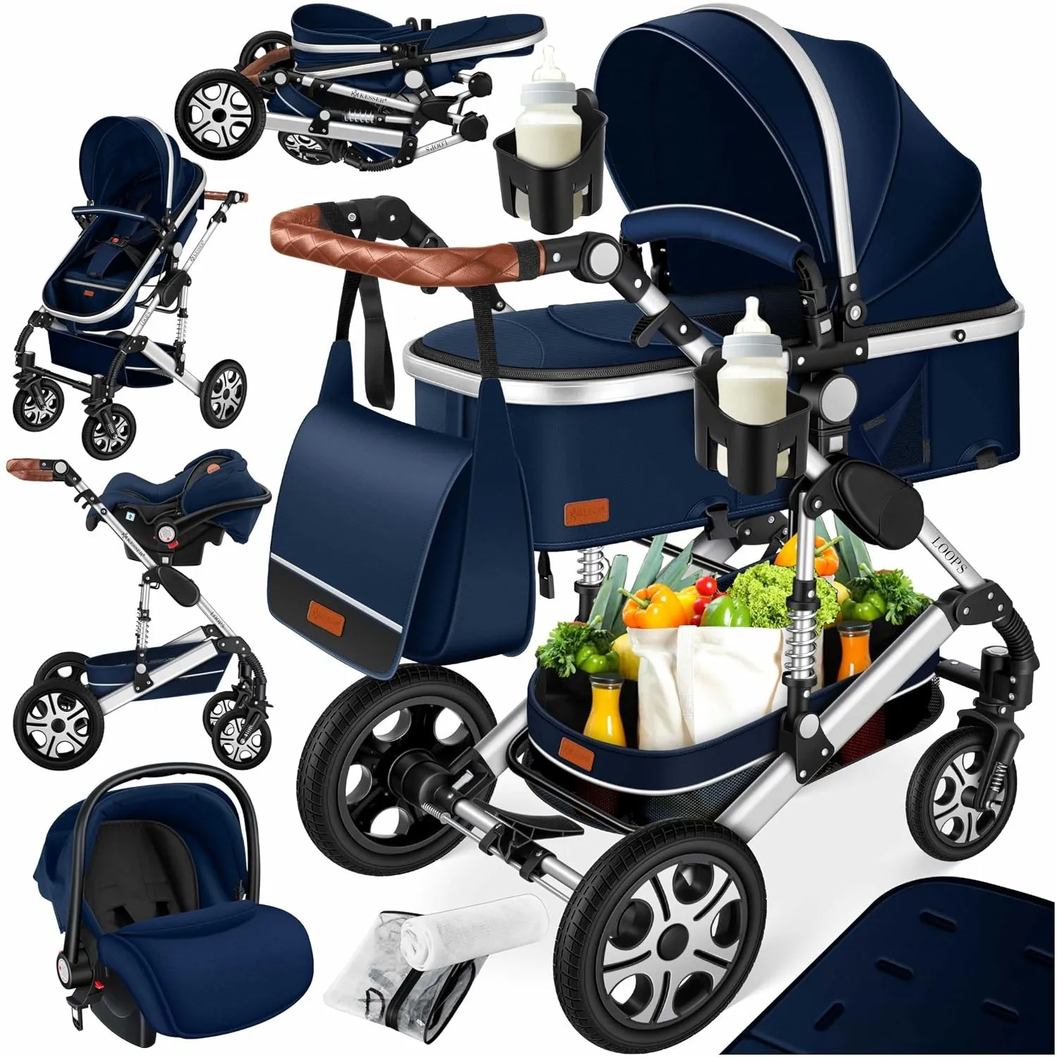 KESSER® Loops 4 in 1 Kinderwagen Kombikinderwagen Komplett-Set inkl. Babywanne & Buggy Sportsitz & Auto-Babyschale Voll…