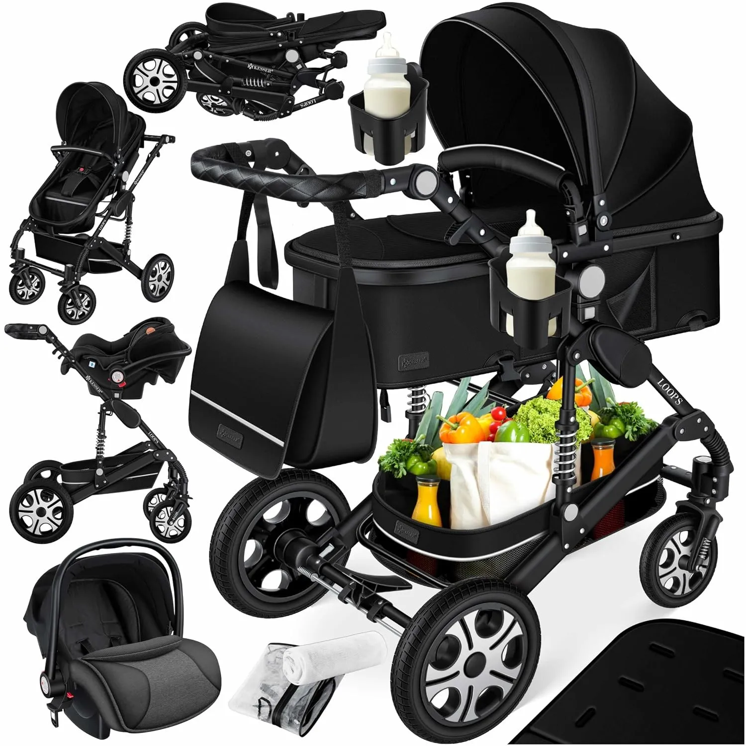 KESSER® Loops 4 in 1 Kinderwagen Kombikinderwagen Komplett-Set inkl. Babywanne & Buggy Sportsitz & Auto-Babyschale Voll…