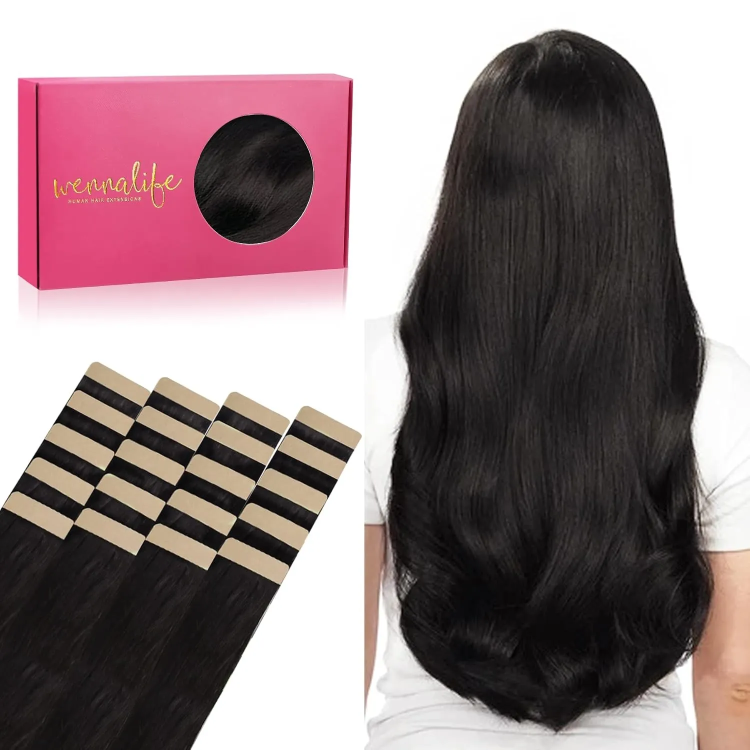 WENNALIFE Tape Extensions Echthaar, 20pcs 50g 45cm 18 Zoll Natürliches Schwarz Remy Invisible Tape Extensions Seidig Ge…