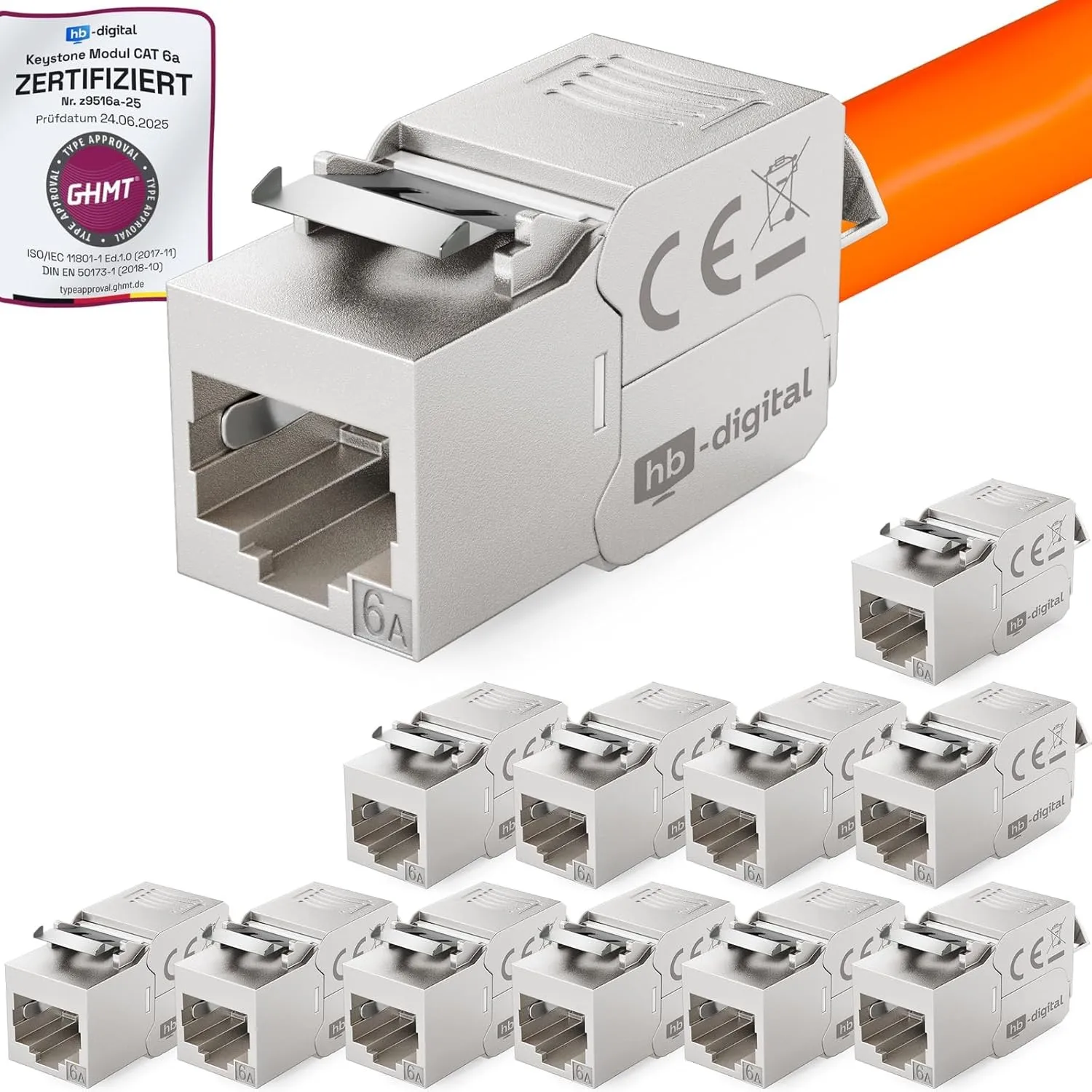 HB-DIGITAL 12x CAT 6a Keystone RJ45 Modul Buchse für starre LAN Kabel | GHMT Zertifiziert, 10 Gbit/s, AWG 23-26, werkze…