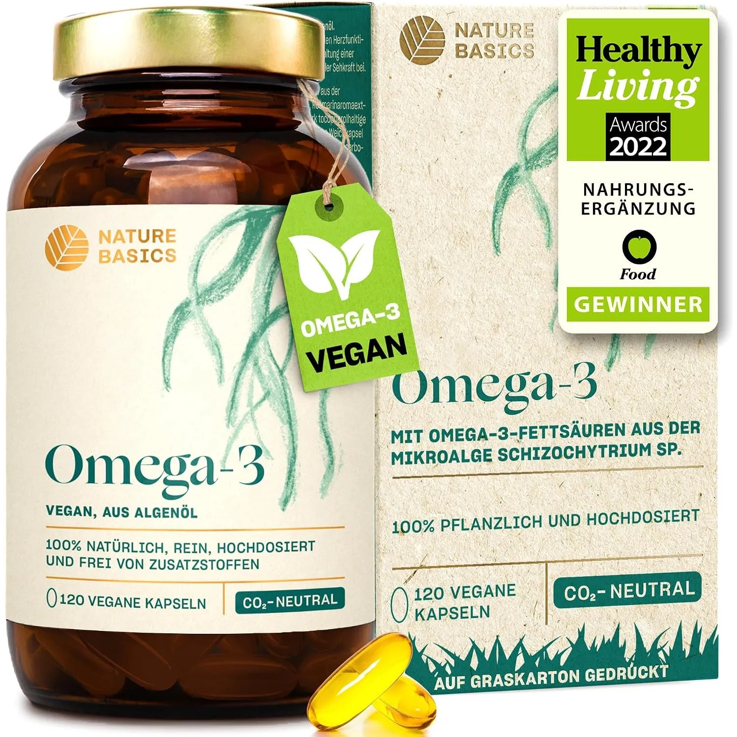 Nature Basics Omega 3 Algenöl | 120 Kapseln | Vegan | DHA & EPA