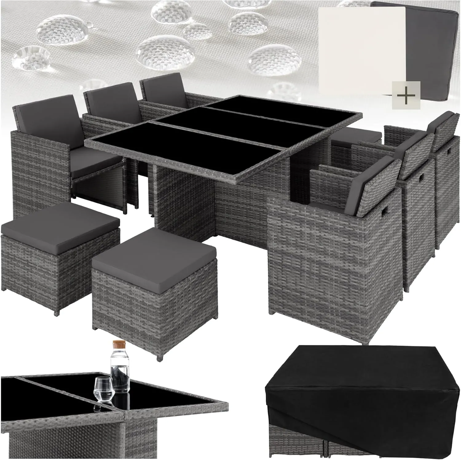 tectake Polyrattan Garden Furniture Set, Set with 6 Chairs + 1 Glass Top Table + 4 Stools, Garden Lounge Set Foldable w…