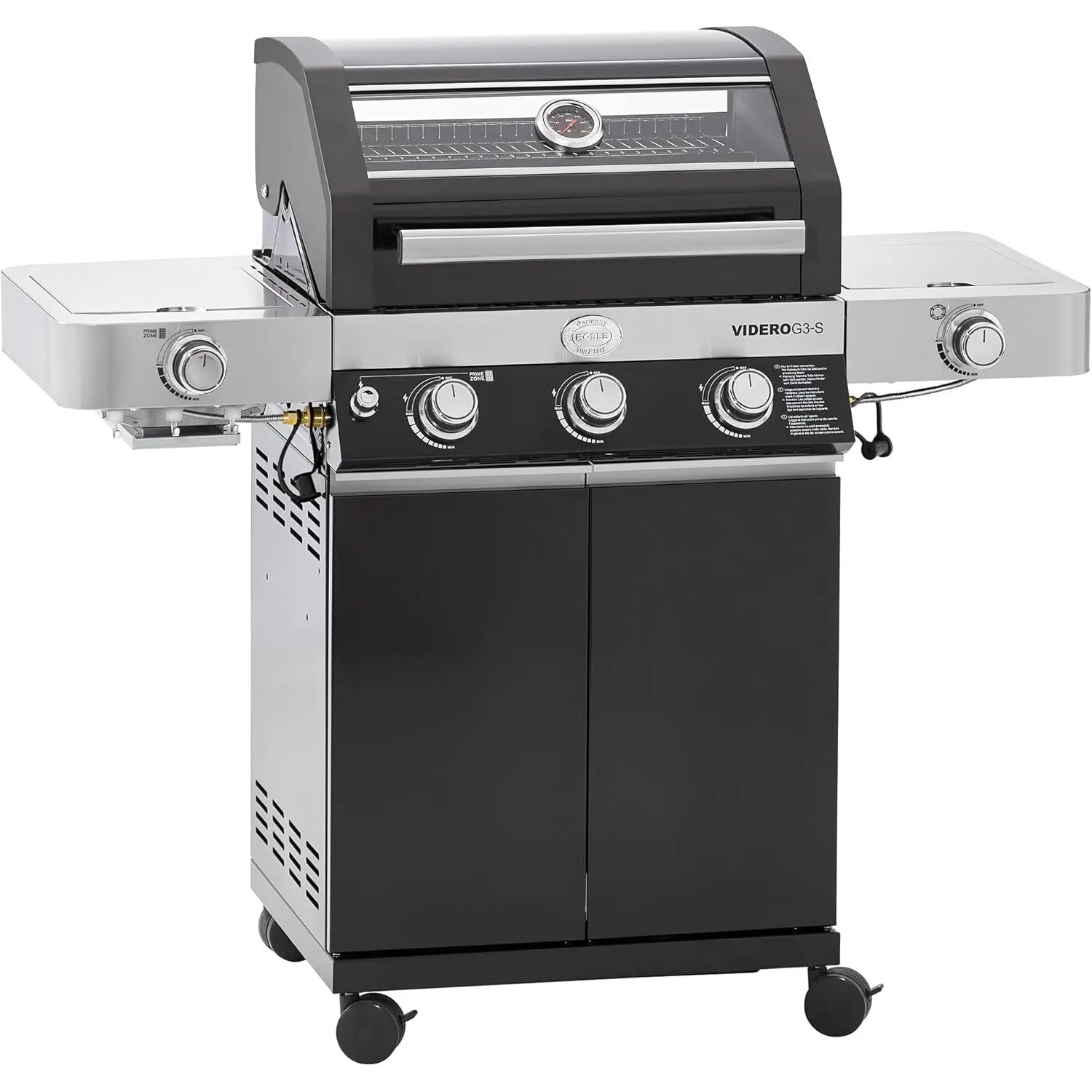 RÖSLE Gasgrill BBQ-Station VIDERO G3-S Schwarz, Grill mit 3 Edelstahlbrennern, extra Primezone und Seitenbrenner, klapp…
