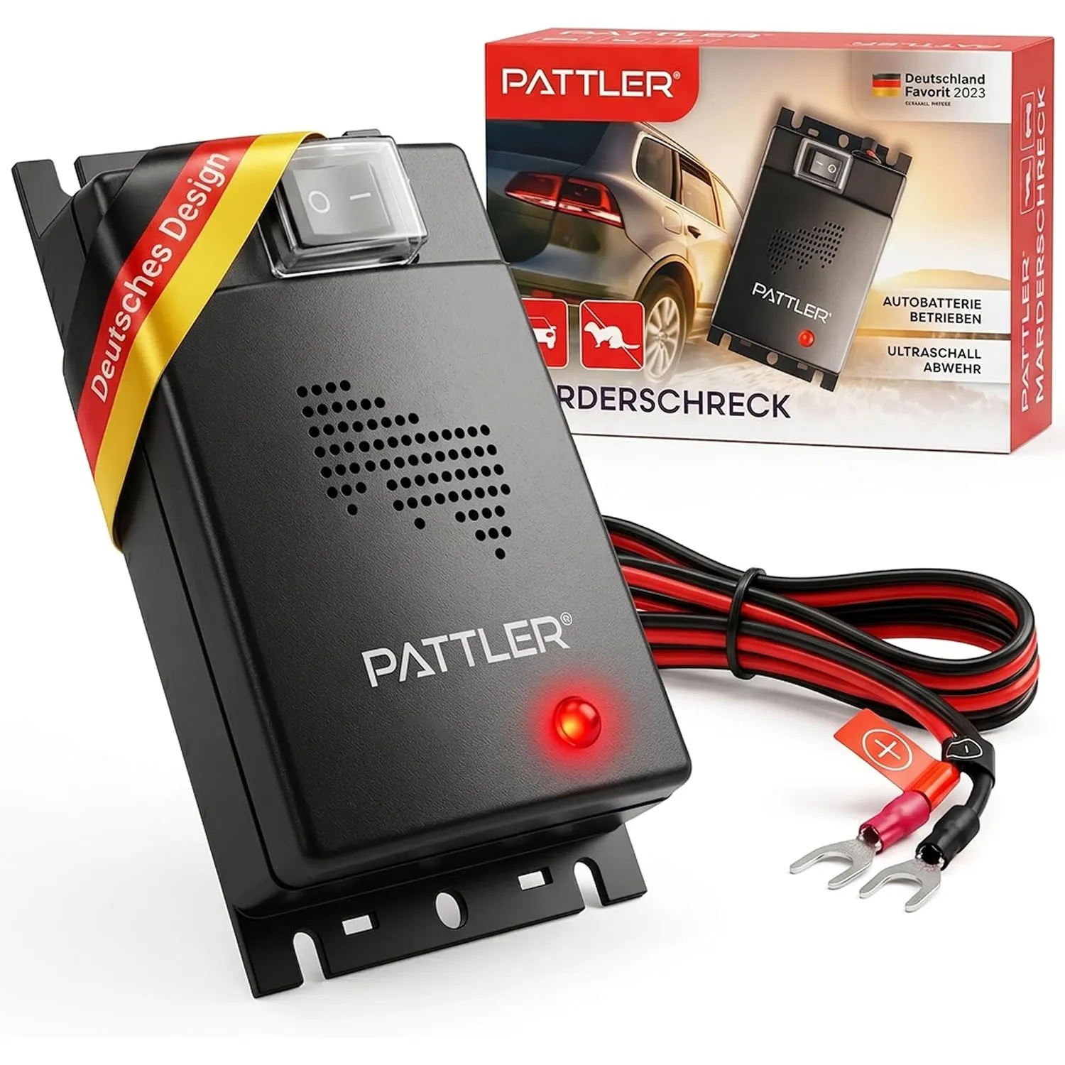 PATTLER® Marderschreck Auto - Marderabwehr Mader Abwehr für 12V Autobatterie - Maderschrecker Auto mit Ultraschall Sofo…