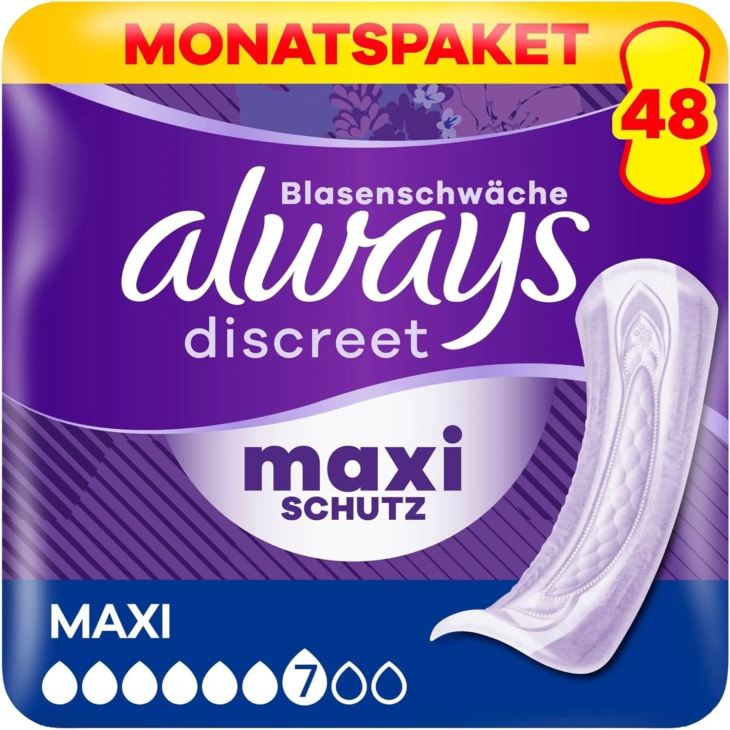 Always Discreet Inkontinenz-Einlagen Maxi Monatspaket bei Blasenschwäche, 48 Einlagen (4 Packungen x 12 Stück)