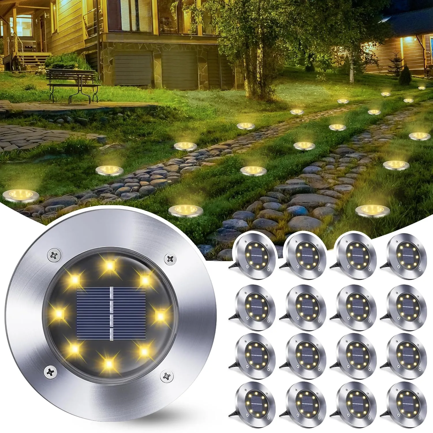 Qedertek Solar Bodenleuchten Aussen Garten - 16 Stück 8 LED Solarleuchten Außenleuchte Warmweiß, Led Solar Gartenleucht…