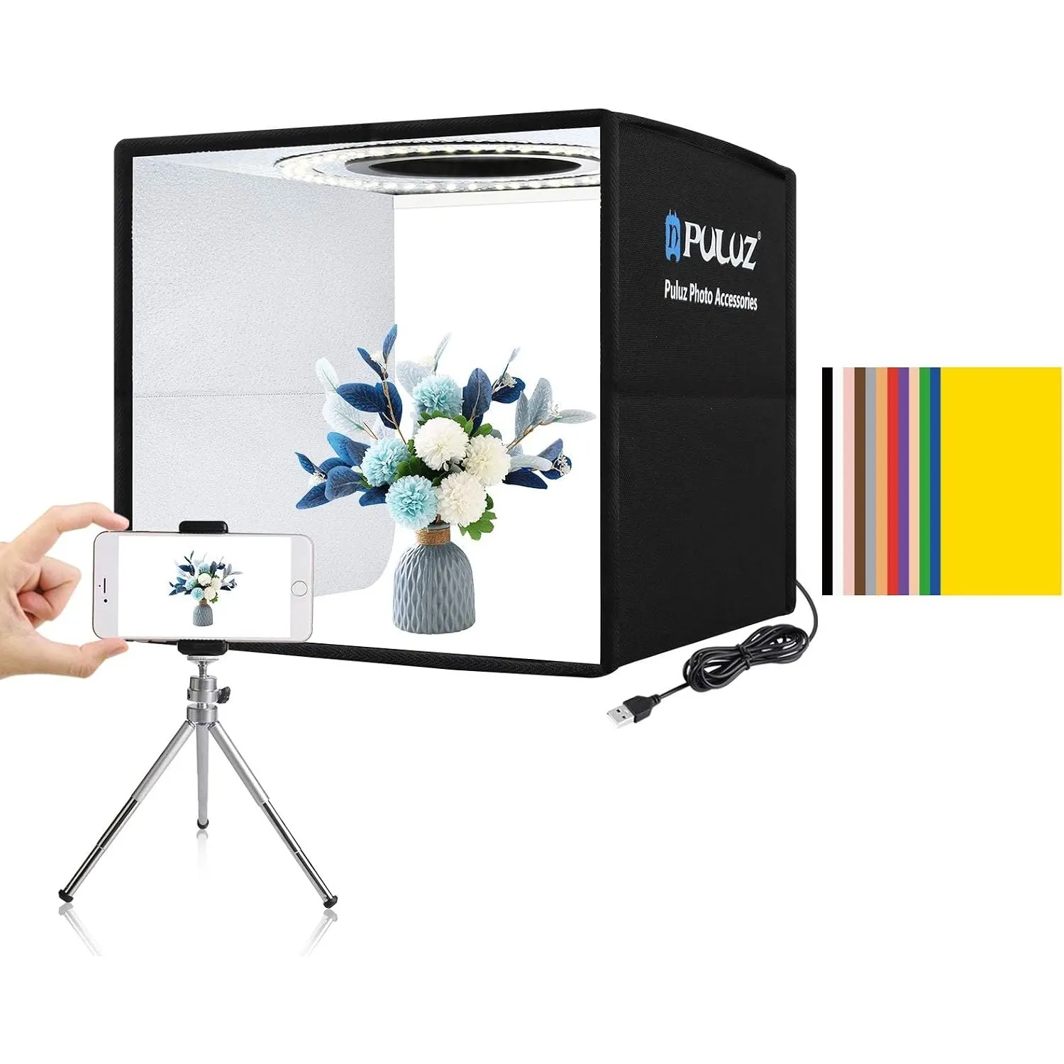 PULUZ Mini Lichtzelt Fotografie 25x25cm, Kleines Fotostudio Box mit 104 LED-Leuchten CRI >95 & 6 Arten Doppelseitiger F…