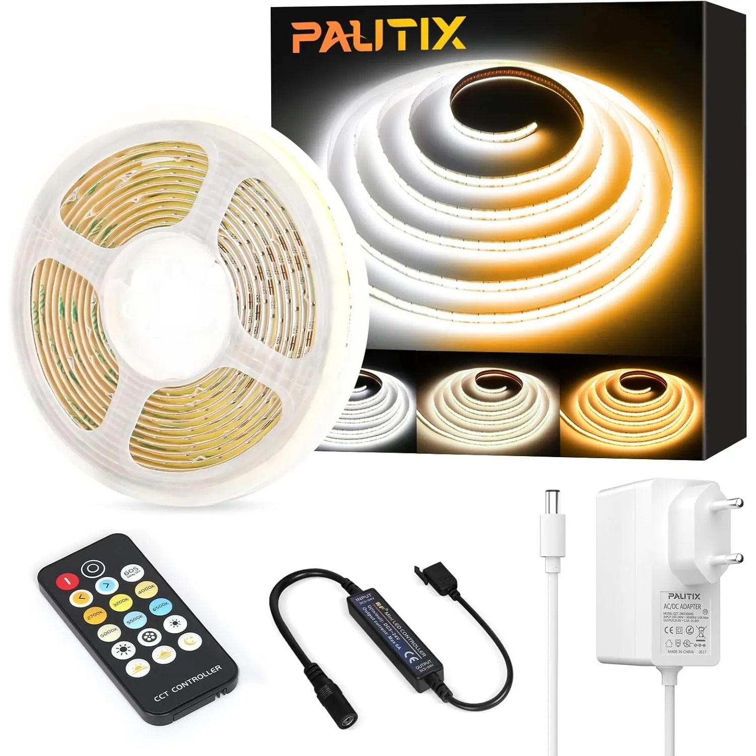 PAUTIX COB LED Streifen 3M 24V Dimmbar CCT 2700K-6500K WW CW LED Strip Set mit Netzteil und RF Fernbedienung, 640LEDs/m…