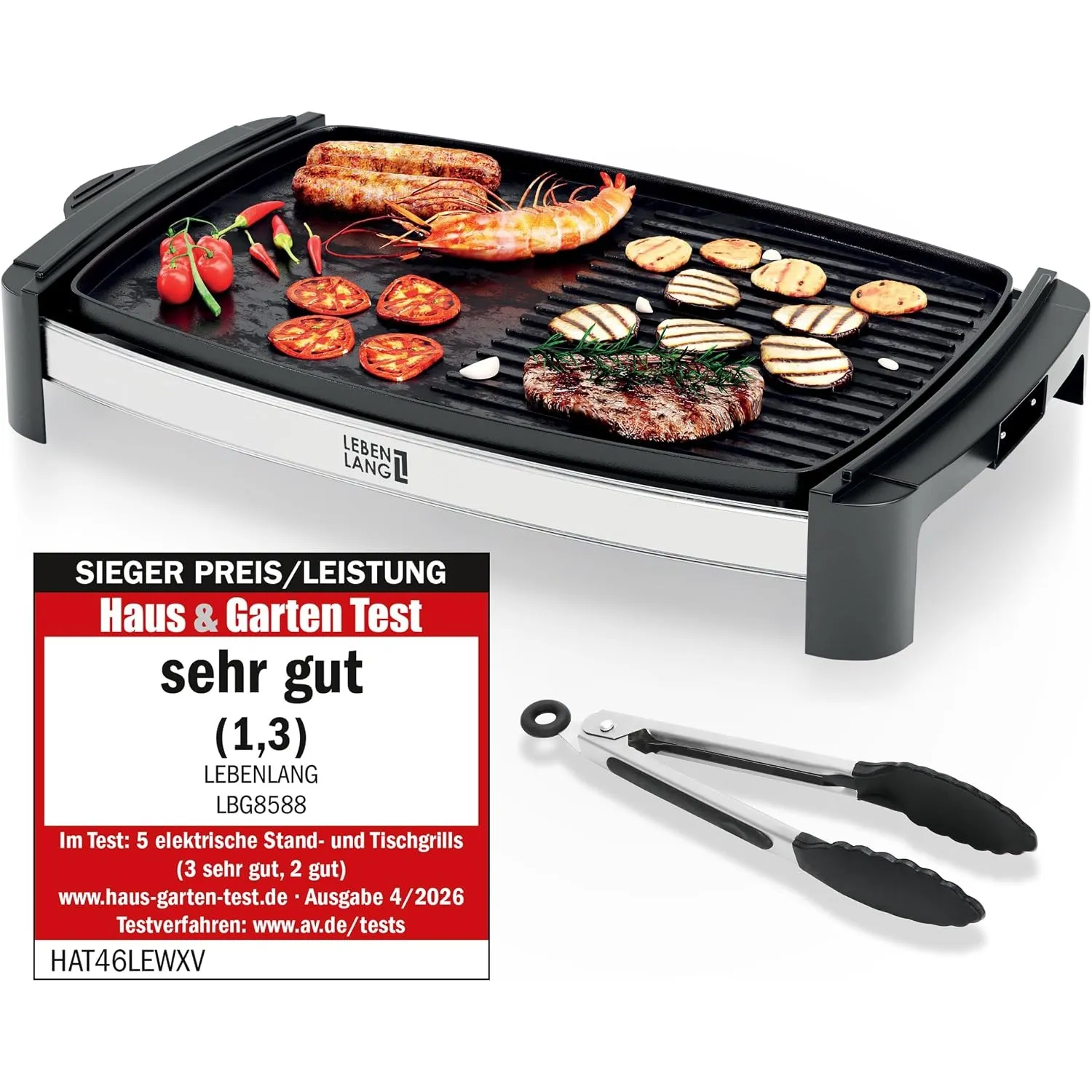LEBENLANG Tischgrill Elektrisch 2000W - Inkl. Grillzange I 45x30cm | Plancha Elektrogrill für Balkon Innen & Außen I El…