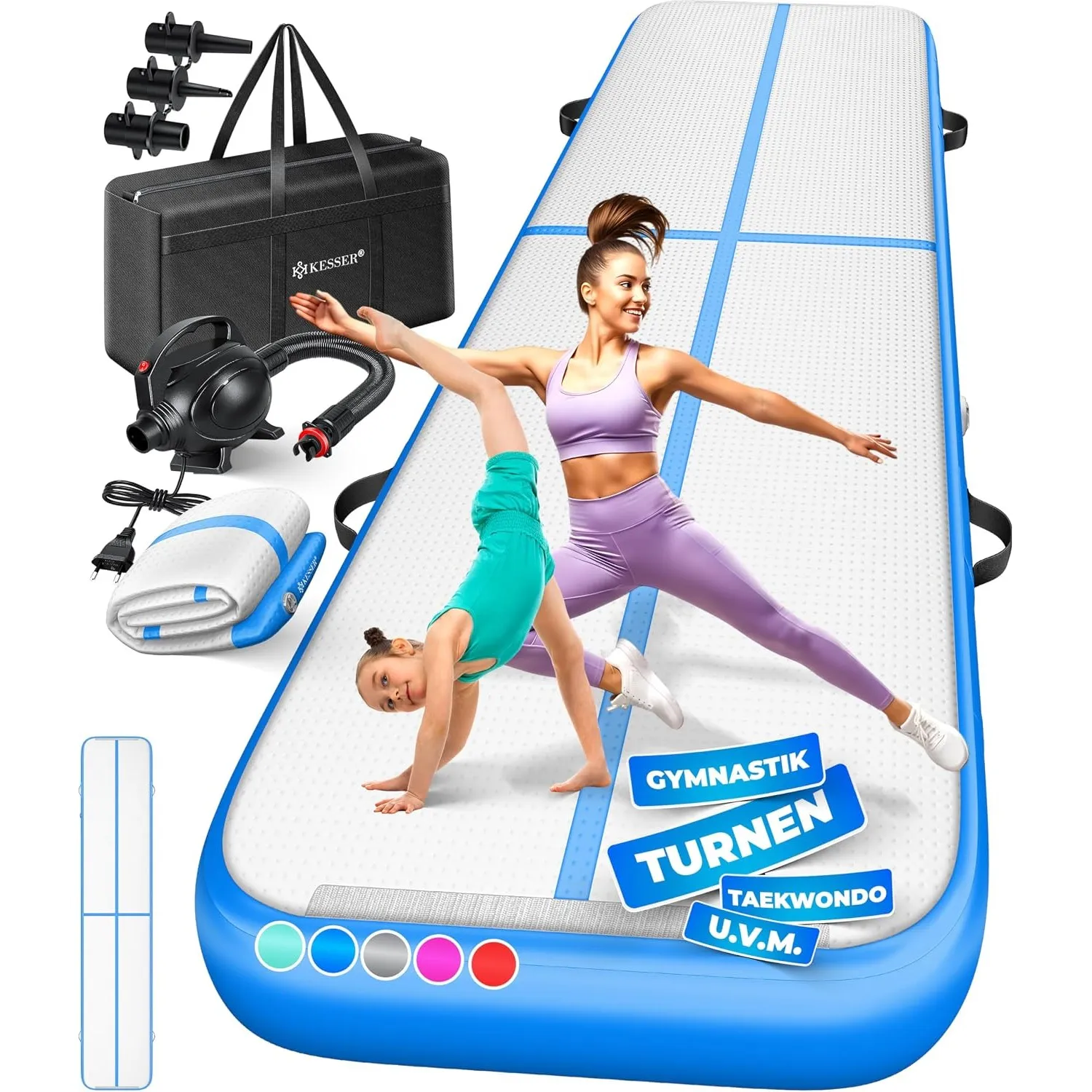KESSER® Turnmatte Aufblasbar Airtrack 2m/3m/4m/5m/6m Fitness-Matte Gymnastikmatte | inkl. Tragetasche & elektr. Luftpum…
