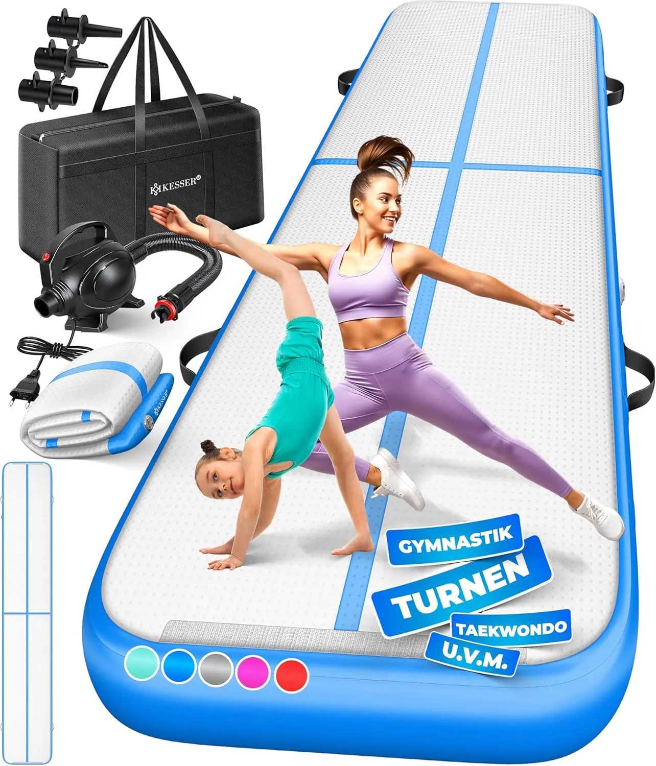 KESSER® Turnmatte Aufblasbar Airtrack 2m/3m/4m/5m/6m Fitness-Matte Gymnastikmatte | inkl. Tragetasche & elektr. Luftpum…