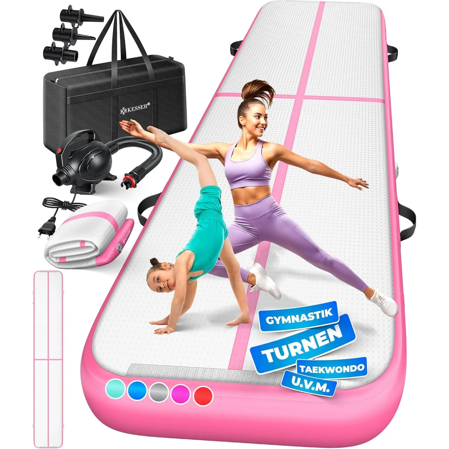 KESSER® Turnmatte Aufblasbar Airtrack 2m/3m/4m/5m/6m Fitness-Matte Gymnastikmatte | inkl. Tragetasche & elektr. Luftpum…