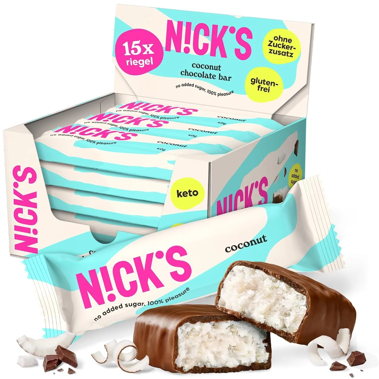N!CK'S Keto Riegel Coconut, Schokolade Kokos Snacks, 15x40g