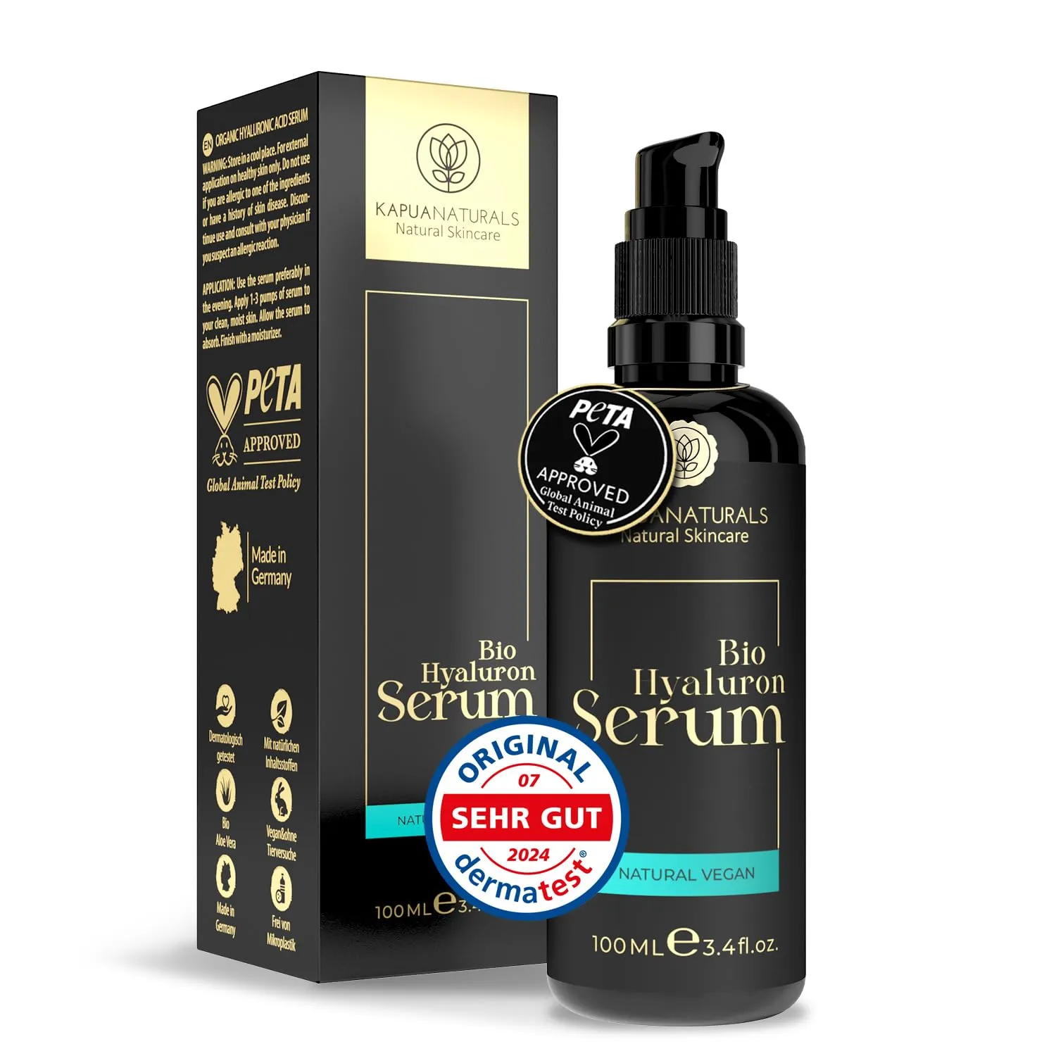 Bio Hyaluron Serum hochdosiert – 100ml – multimolekulare Hyaluronsäure – 8-Fach Anti-Aging Komplex mit Bio Aloe Vera, V…
