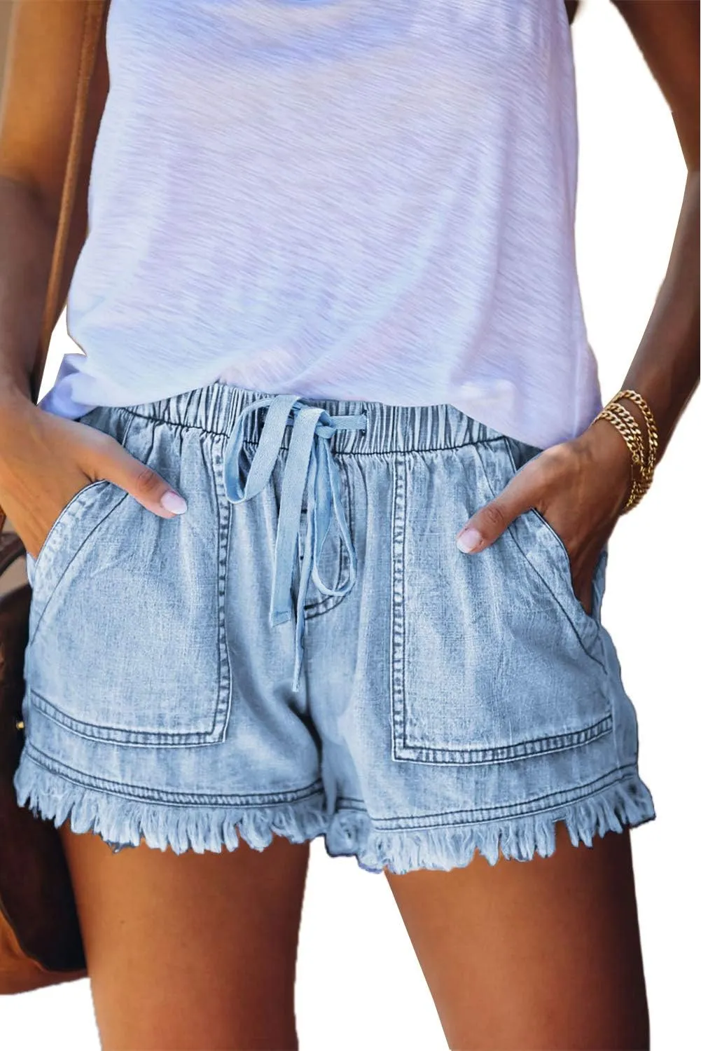 HVEPUO Women's Cotton Linen Shorts, Elastic Band Hot Trousers, Summer Wide Shorts