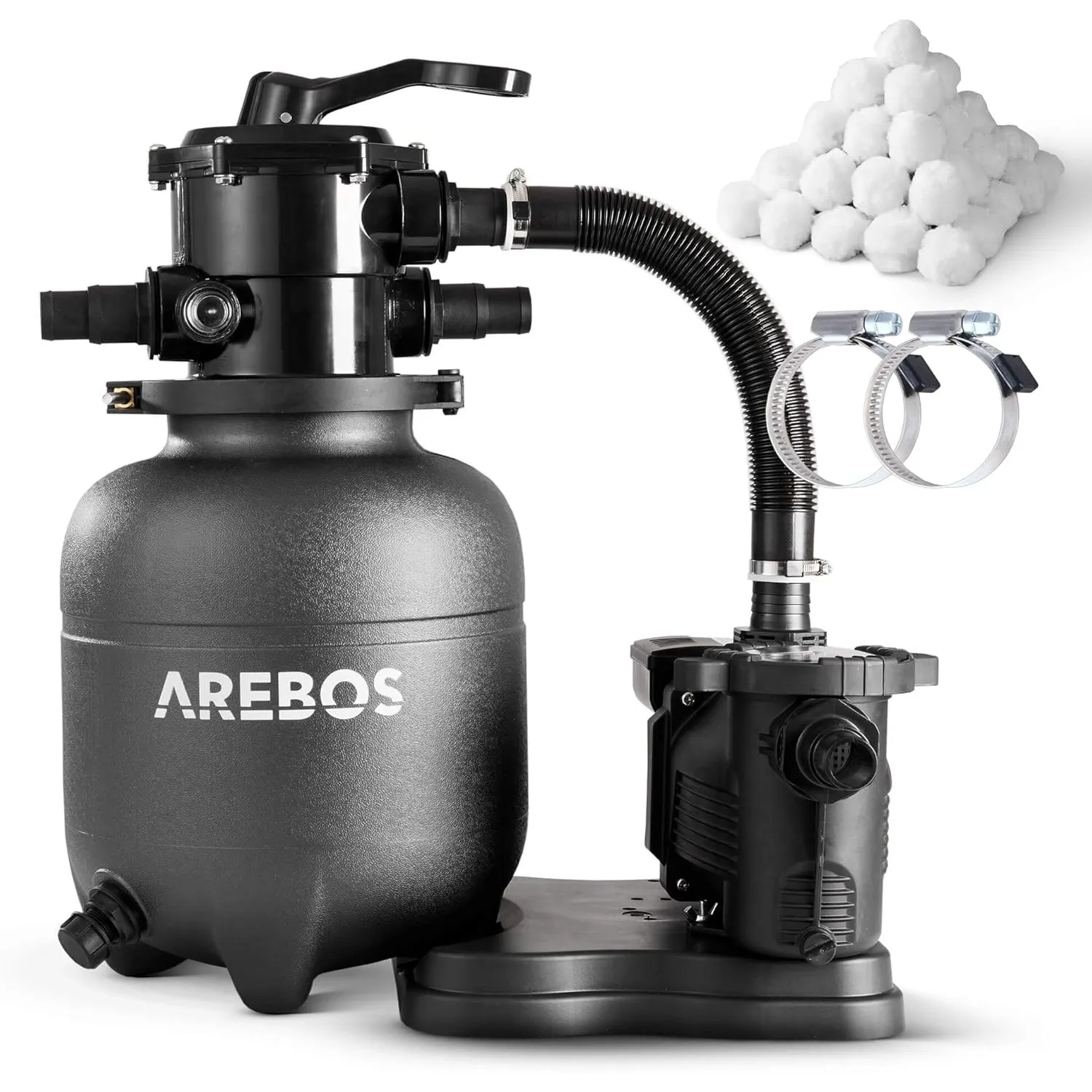 Arebos Sandfilteranlage mit Pumpe inkl. 600g Filterbälle | 350W | 9500 L/h | Tankvolumen bis zu 20 kg Sand | 7 - Wege V…