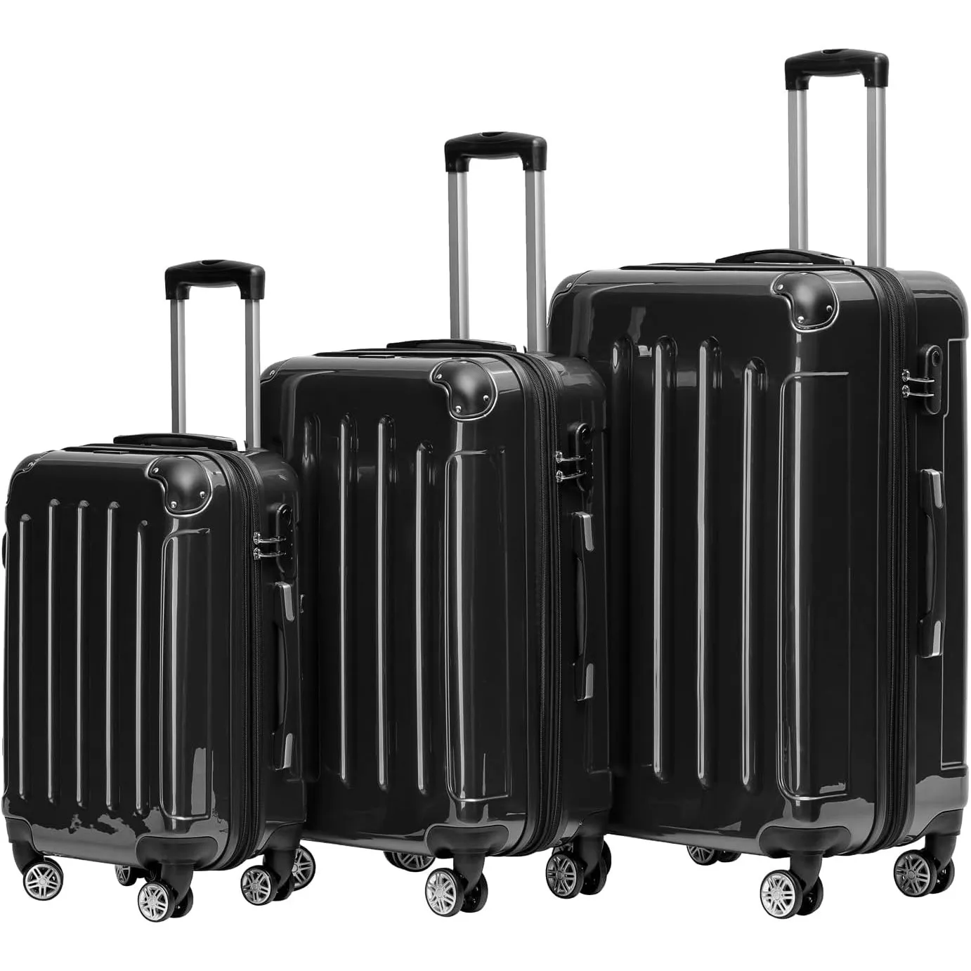BEIBYE Zwillingsrollen 2048 Hartschale Trolley Koffer Reisekoffer in M-L-XL-Set in 15 Farben (Schwarz, Set)