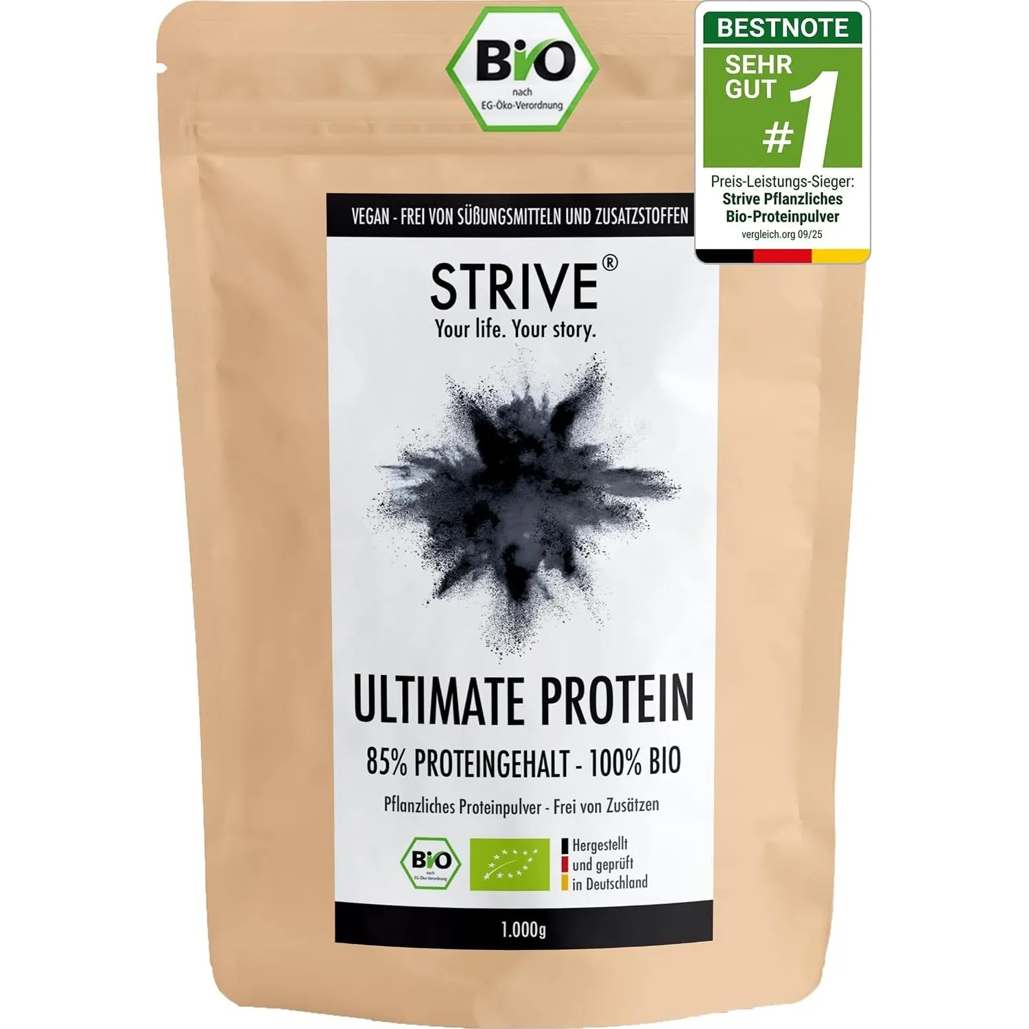 STRIVE ULTIMATE PROTEIN | 100% BIO Vegan | Natur | Optimales Aminosäureprofil | 1kg Bio Eiweiß Pulver mit 85% Proteinge…