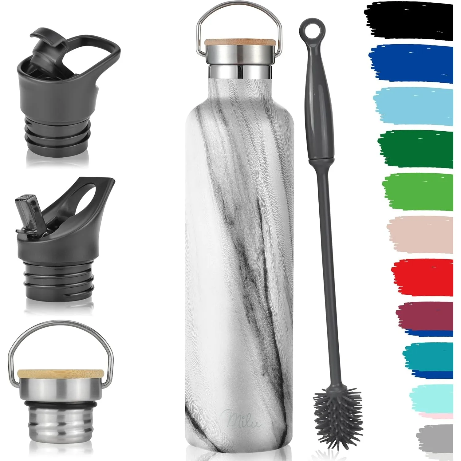Milu Edelstahl Trinkflasche 500ml, 750ml, 1000ml (+3 Deckel) - Thermosflasche mit Strohhalm, Isolierte Wasserflasche, A…