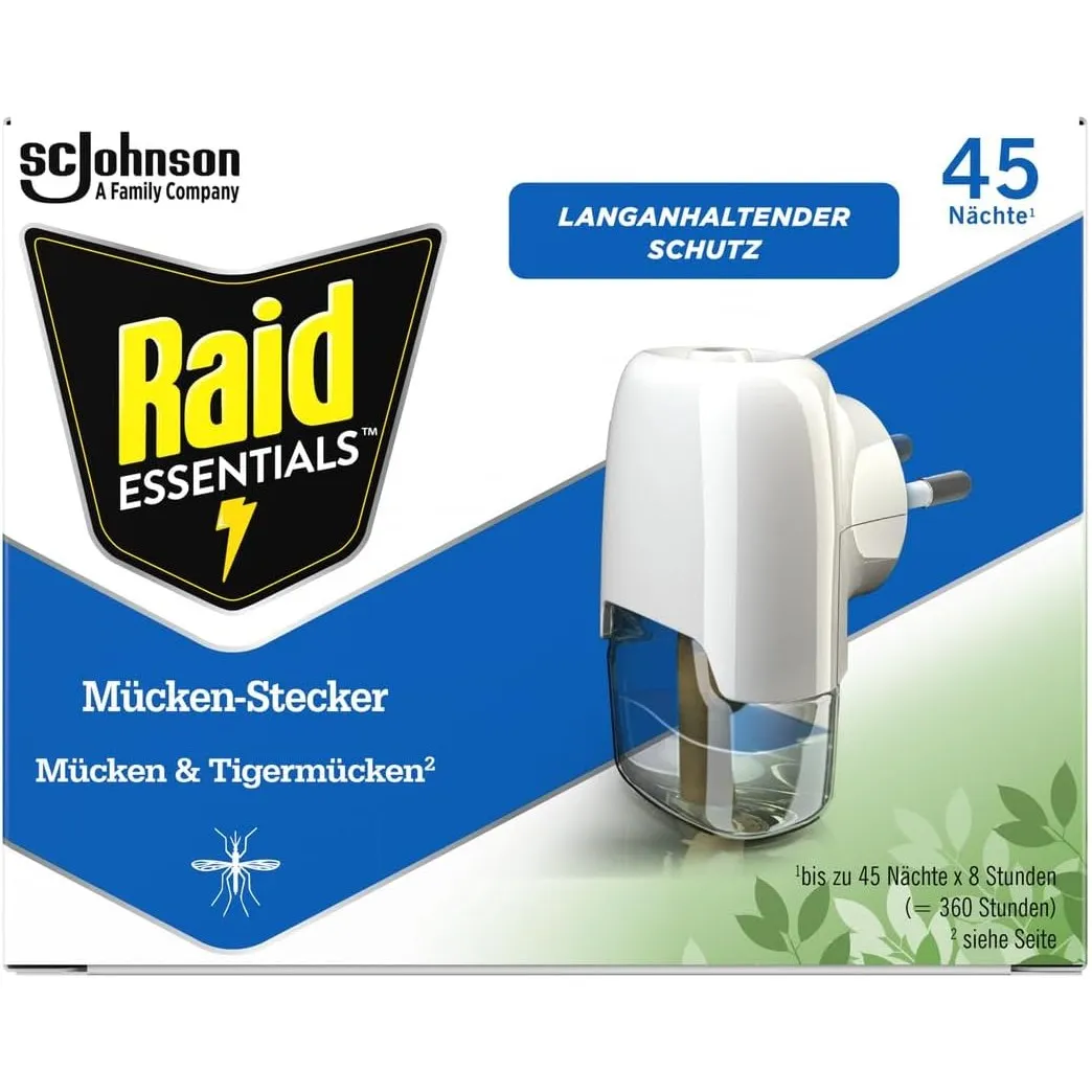 Raid Essentials Mückenstecker 45 Nächte, Elektrischer Insekten-Schutz vor Mücken & Tigermücken, mit pflanzlichen Wirkst…