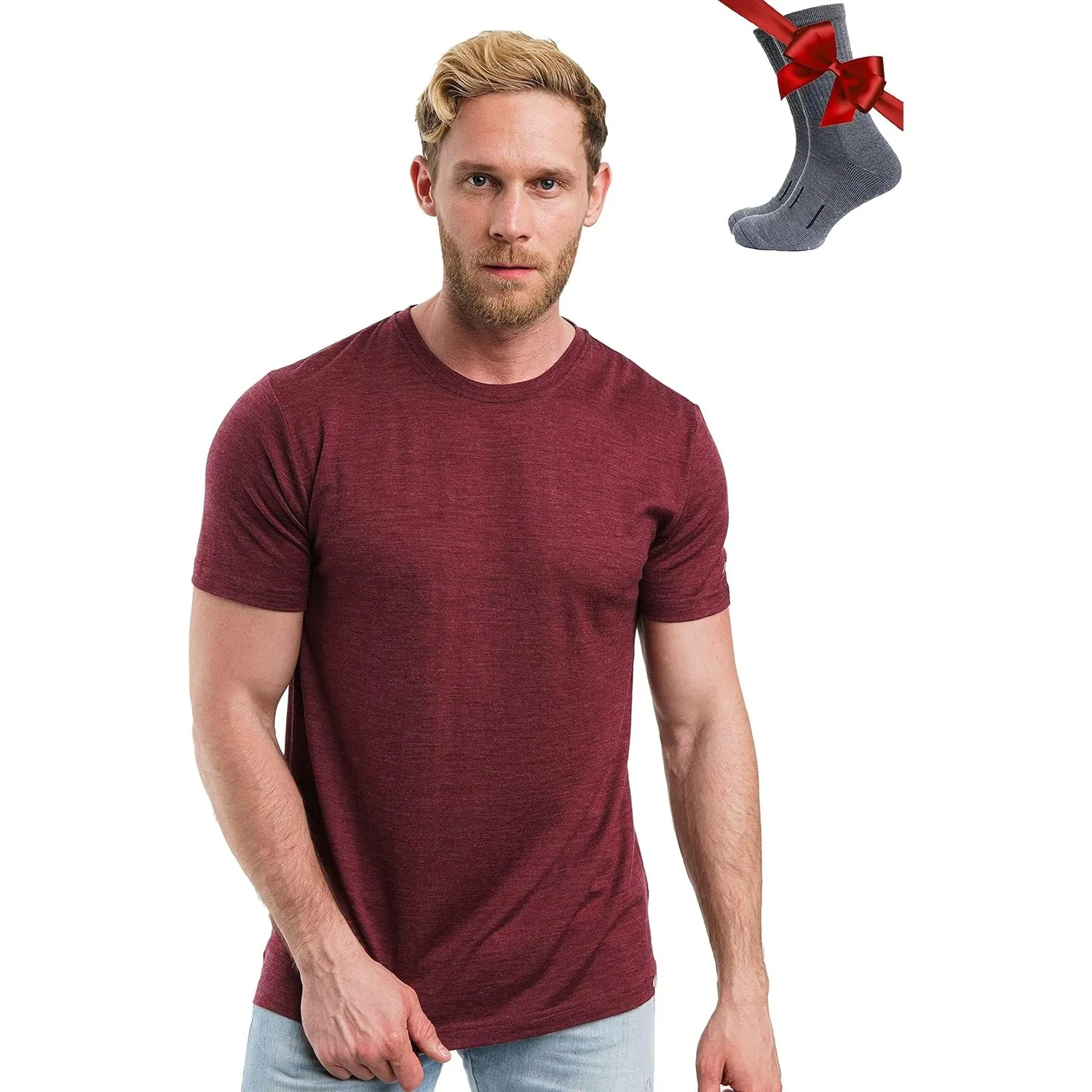 Premium Merino Shirt Herren Kurzarm - Atmungsaktiv Geruchshemmend Thermooberteile zum Wandern + Wanderwollsocken