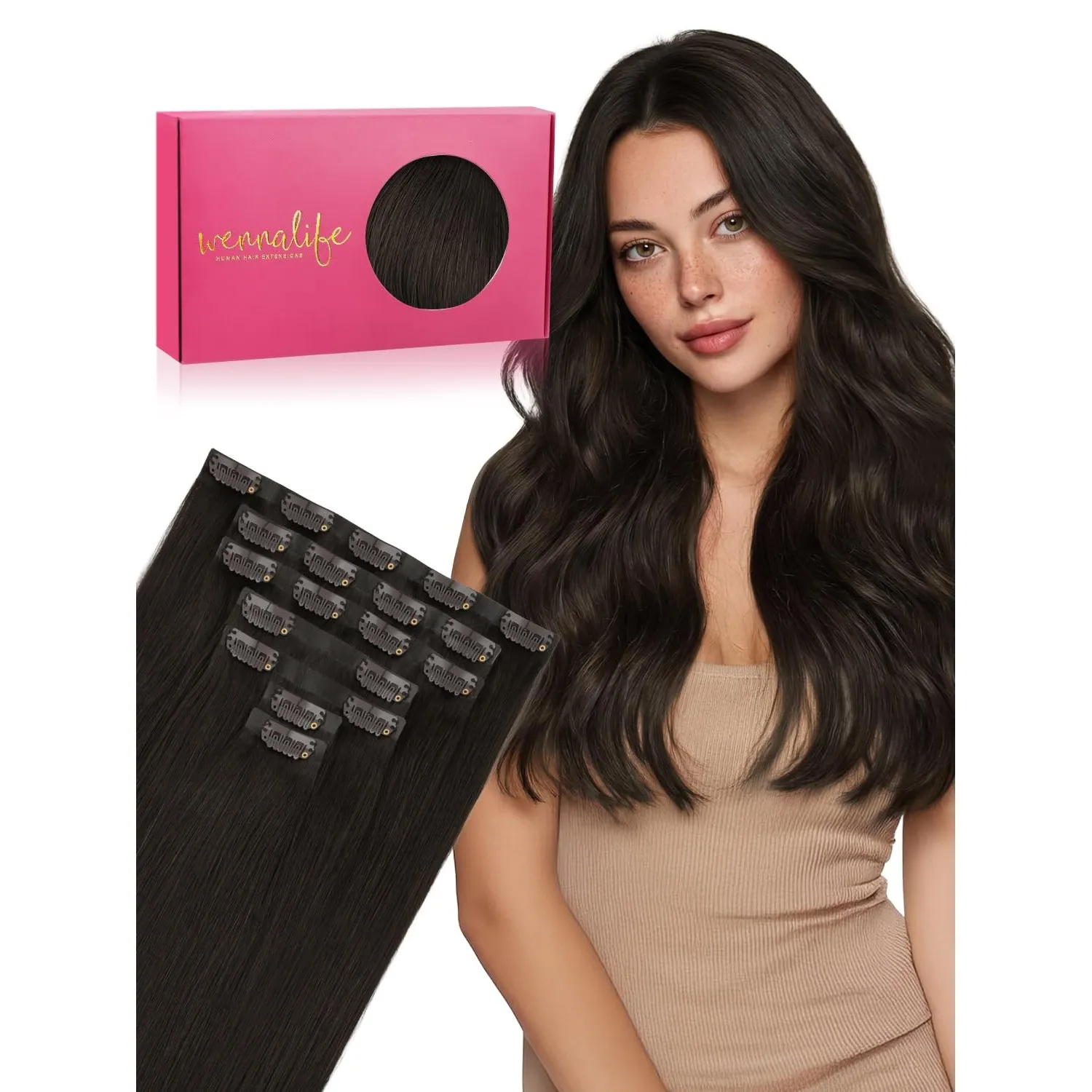 WENNALIFE Nahtlose Clip In Extensions Echthaar, 40cm 7pcs 130g Dunkel Braun Echthaar Extensions Clip Remy Natürliche Se…