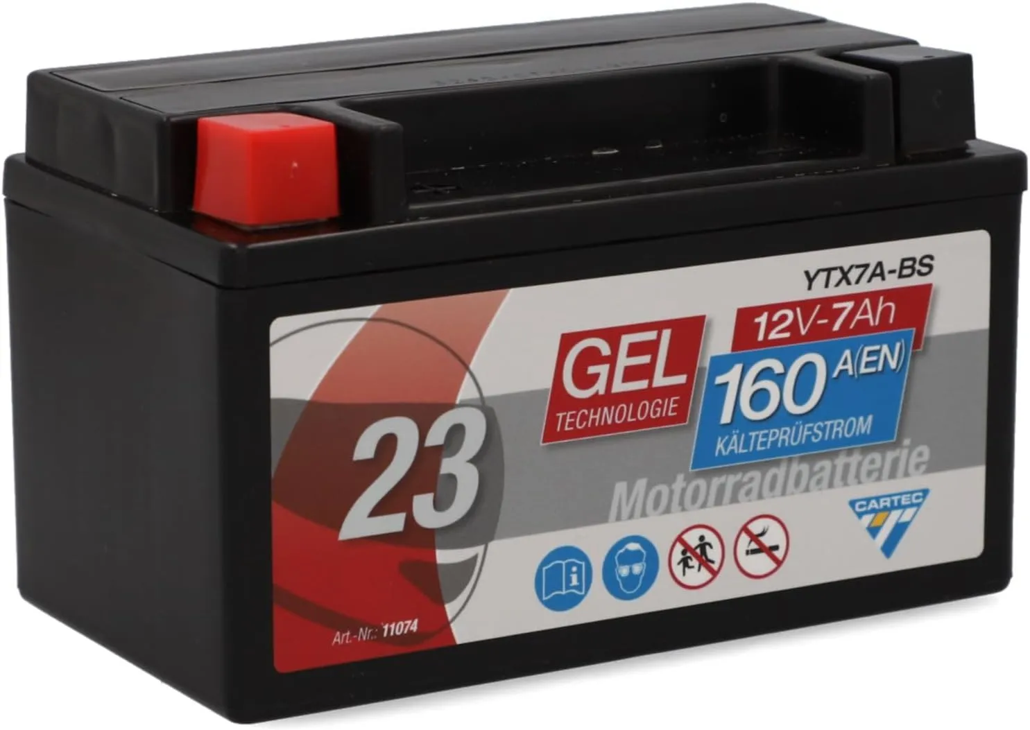 CARTEC Motorradbatterie YTX7A-BS, 7Ah, 160A, Gel Technologie Motorrad-Starter-Batterie, Erstausrüsterqualität, zyklenfe…