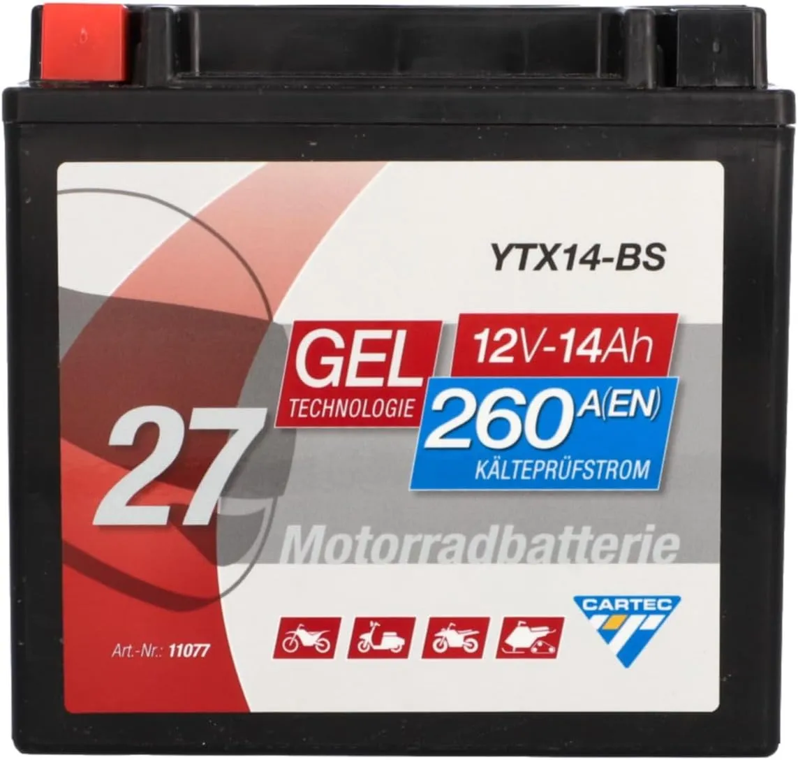 CARTEC Motorradbatterie YTX14-BS, 14Ah, 260A, Gel Technologie Motorrad-Starter-Batterie, Erstausrüsterqualität, zyklenf…