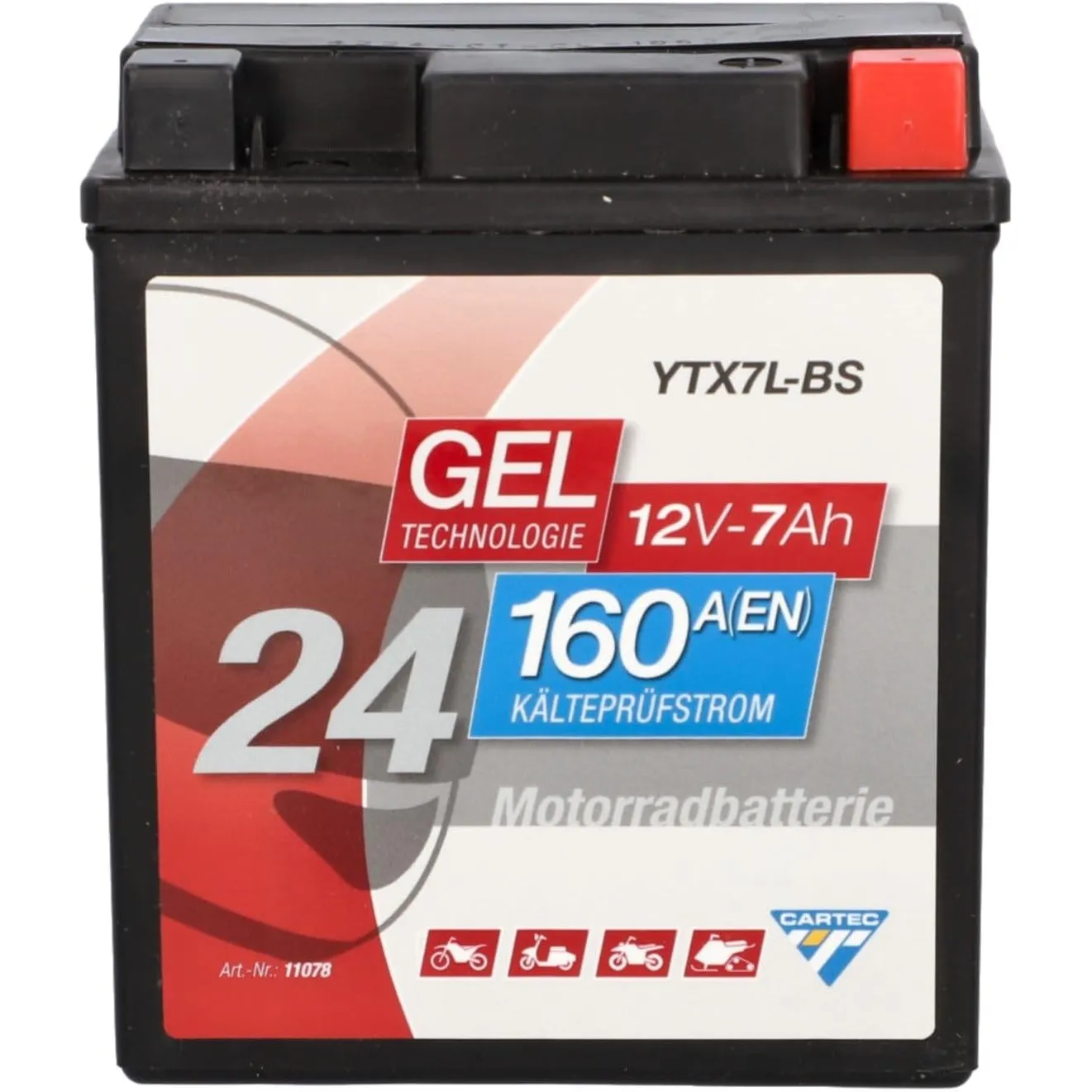 CARTEC Motorradbatterie YTX7L-BS, 7Ah, 160A, Gel Technologie Motorrad-Starter-Batterie, Erstausrüsterqualität, zyklenfe…