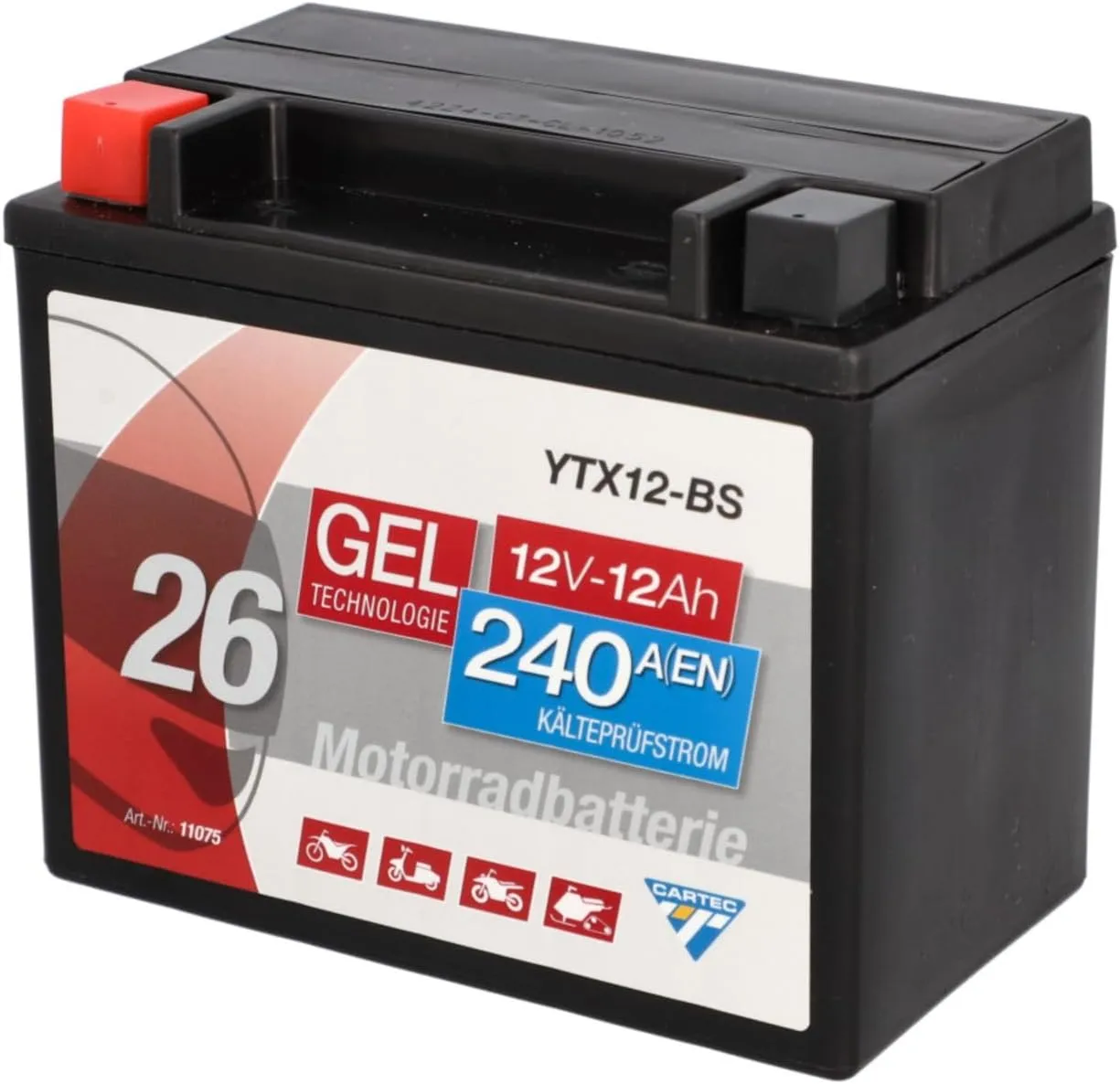 CARTEC Motorradbatterie YTX12-BS 12Ah, 240A, Gel Technologie Motorrad-Starter-Batterie, Erstausrüsterqualität, zyklenfe…