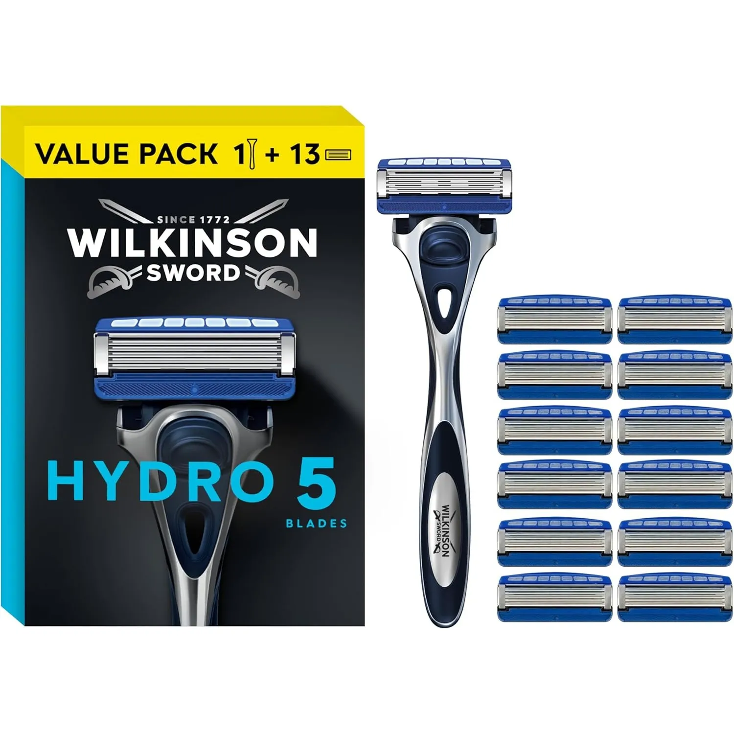 Wilkinson Sword - Hydro 5 Rasierer für Männer, Rasiergriff + 13 Rasierklingen, Feuchtigkeitsspendende Gel-Pools und umk…