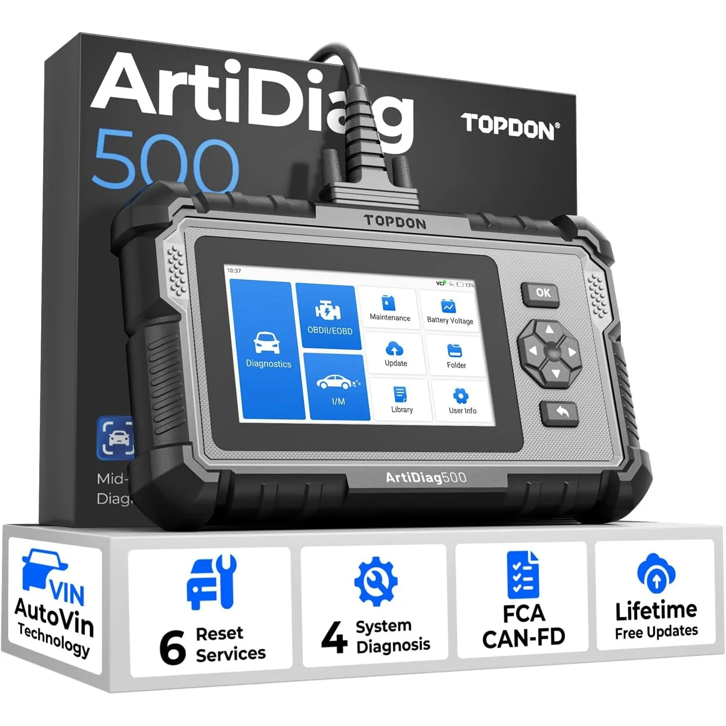 TOPDON AD500 obd2 diagnosegerät für alle Fahrzeuge, 4 Systemdiagnosen für ABS SRS Motor und Getriebe, 6 Servicefunktion…