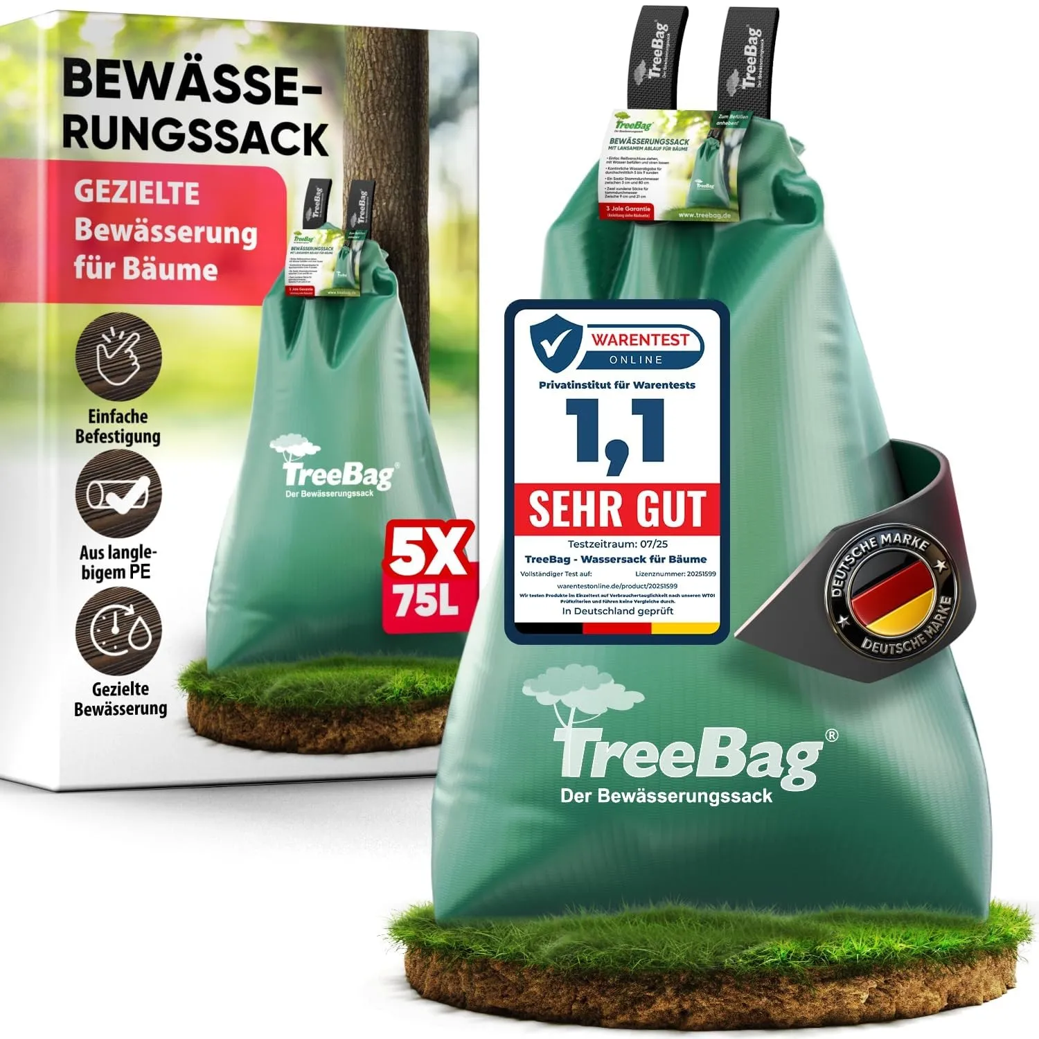 Wassersack für Bäume 5 x 75L – UV-stabiler Baumbewässerungssack – Effektiver Bewässerungssack Baum für Garten & Stadtgr…