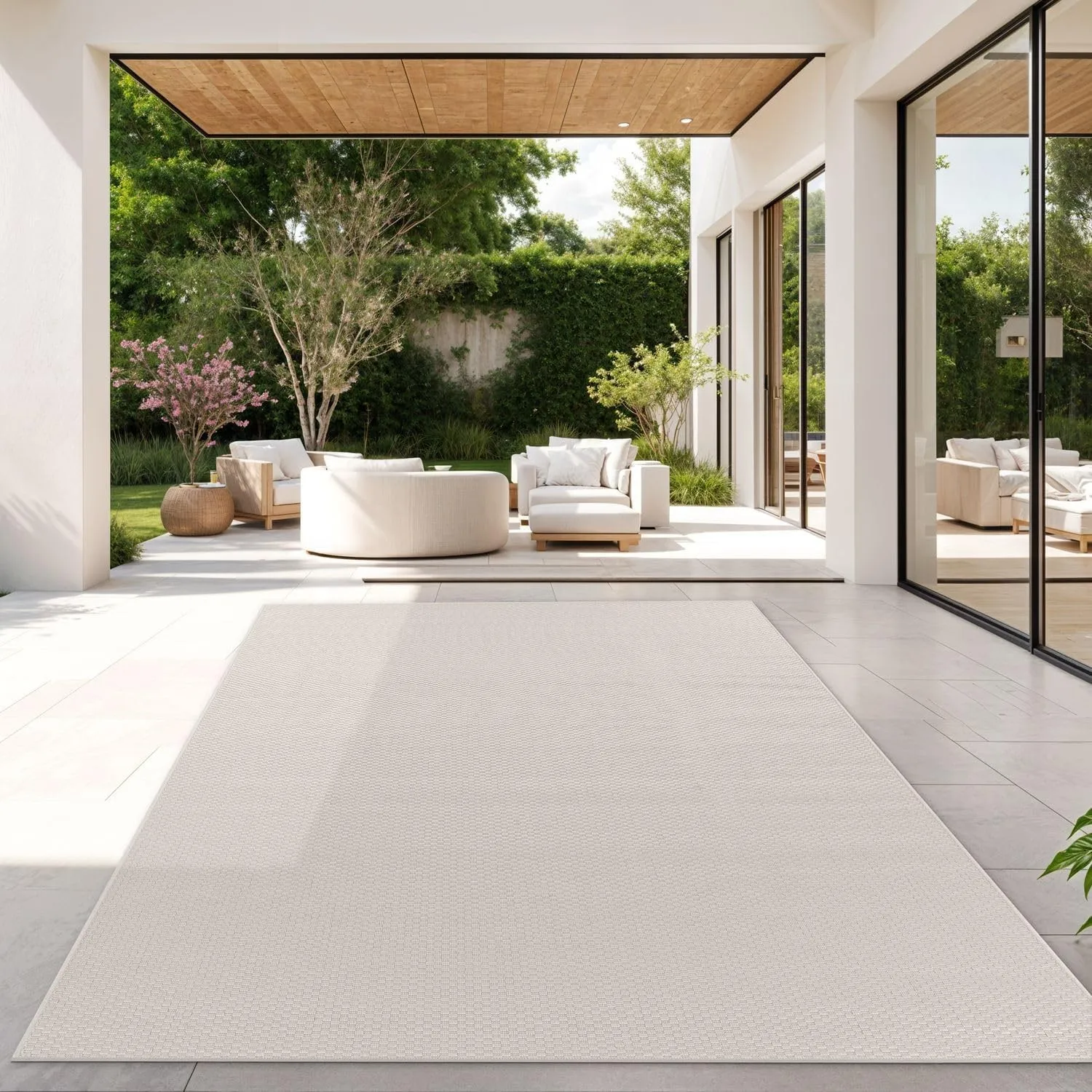 TT Home Teppich Für Outdoor Wetterfest Küchenteppich Balkon Terrasse Unifarbenes Design Modern, Farbe: Elfenbein, Größe…
