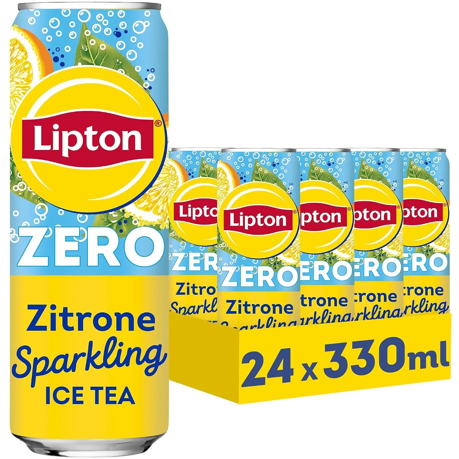 LIPTON ICE TEA Sparkling Lemon Zero, Kohlensäurehaltiger Eistee mit Zitronen Geschmack ohne Zucker, EINWEG Dosen (24 x …