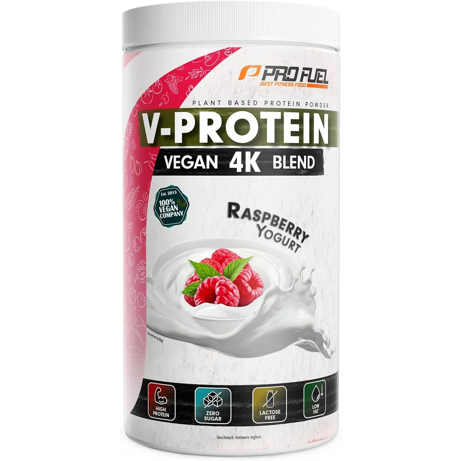 Vegan Protein HIMBEERE YOGHURT - V-Protein 4K Blend | Unglaublich lecker & cremig | 750g | Aus Sonnenblumen, Soja, Hanf…