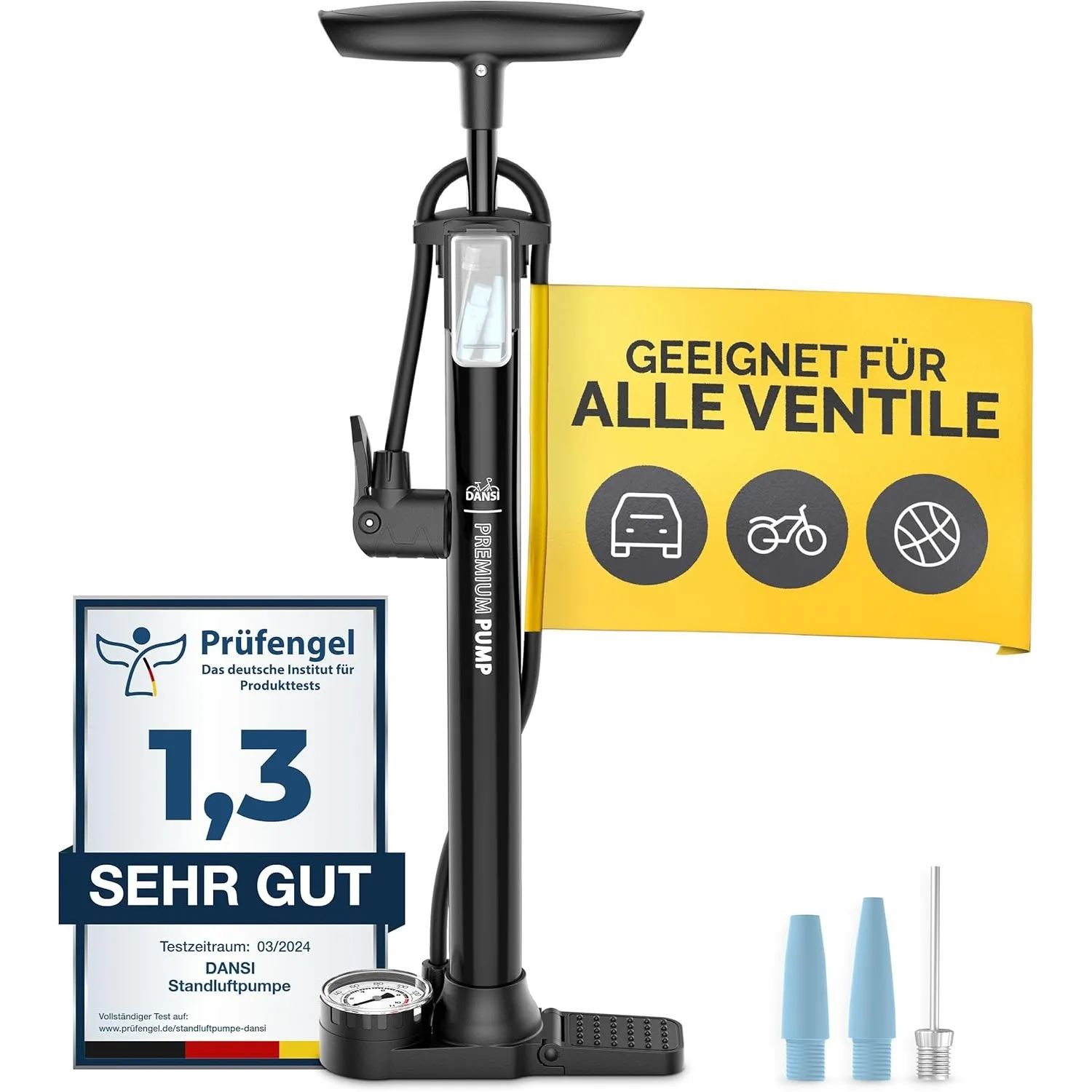 DANSI Stand-Fahrradpumpe alle Ventile AV, SV, DV - Fahrrad Luftpumpe Inklusive Großem Manometer, Adaptern & Behälter | …