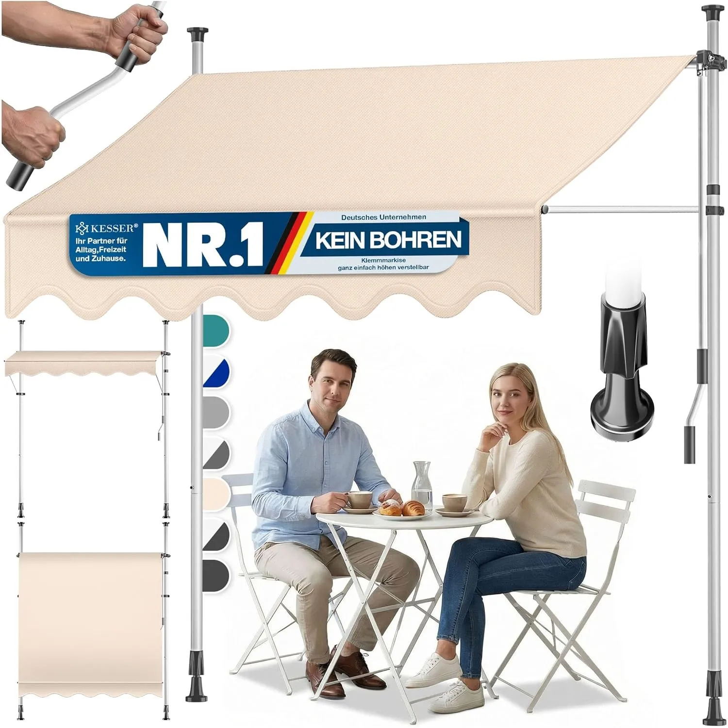 KESSER® Klemmmarkise mit Handkurbel Balkon | Balkonmarkise ohne Bohren | Markise UV-beständig höhenverstellbar & wasser…