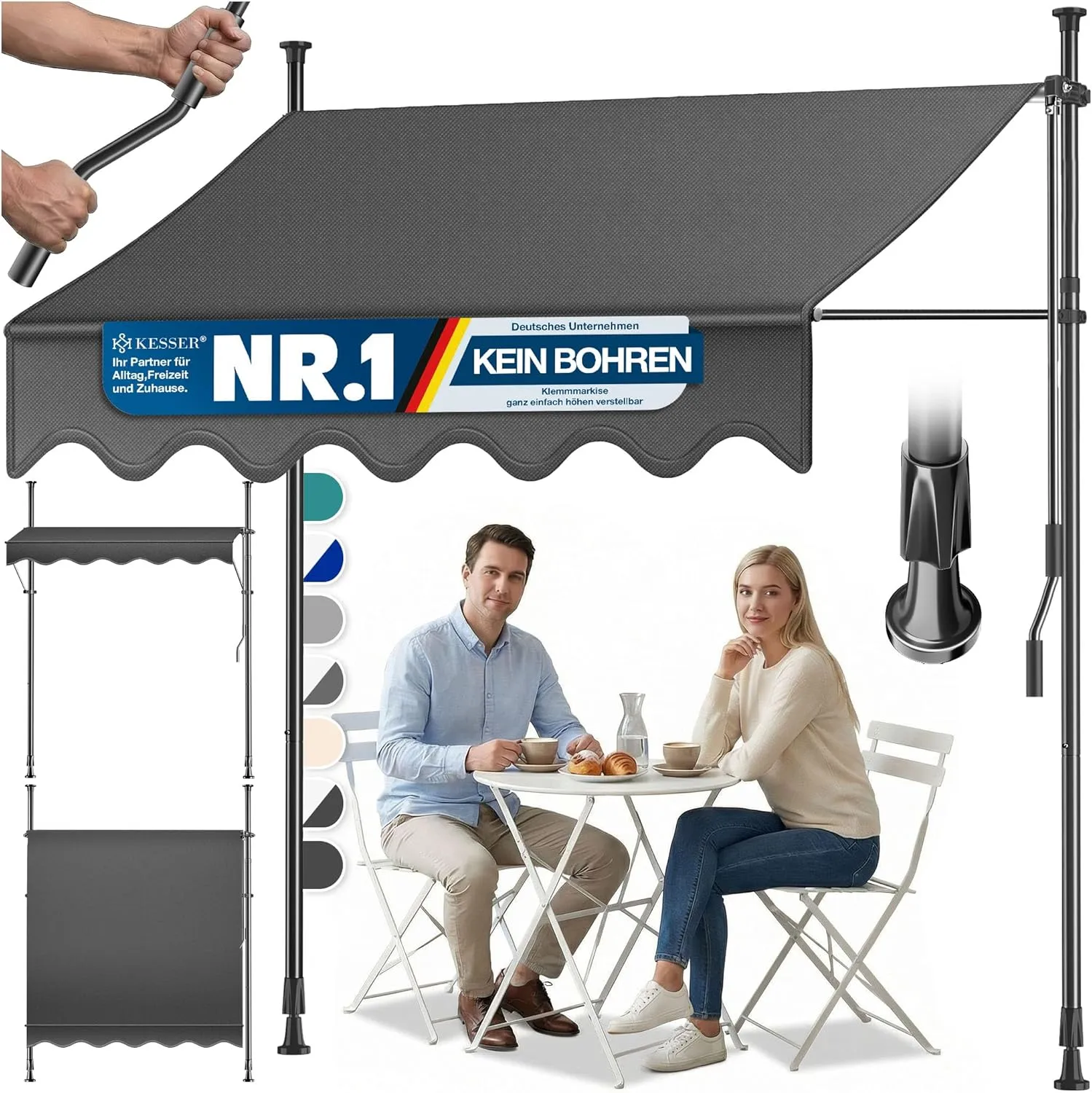 KESSER® Sun Protection Awning Manual Extendible 250 cm | Awning UV Protection Sun Protection | Clamping Awning for Outd…