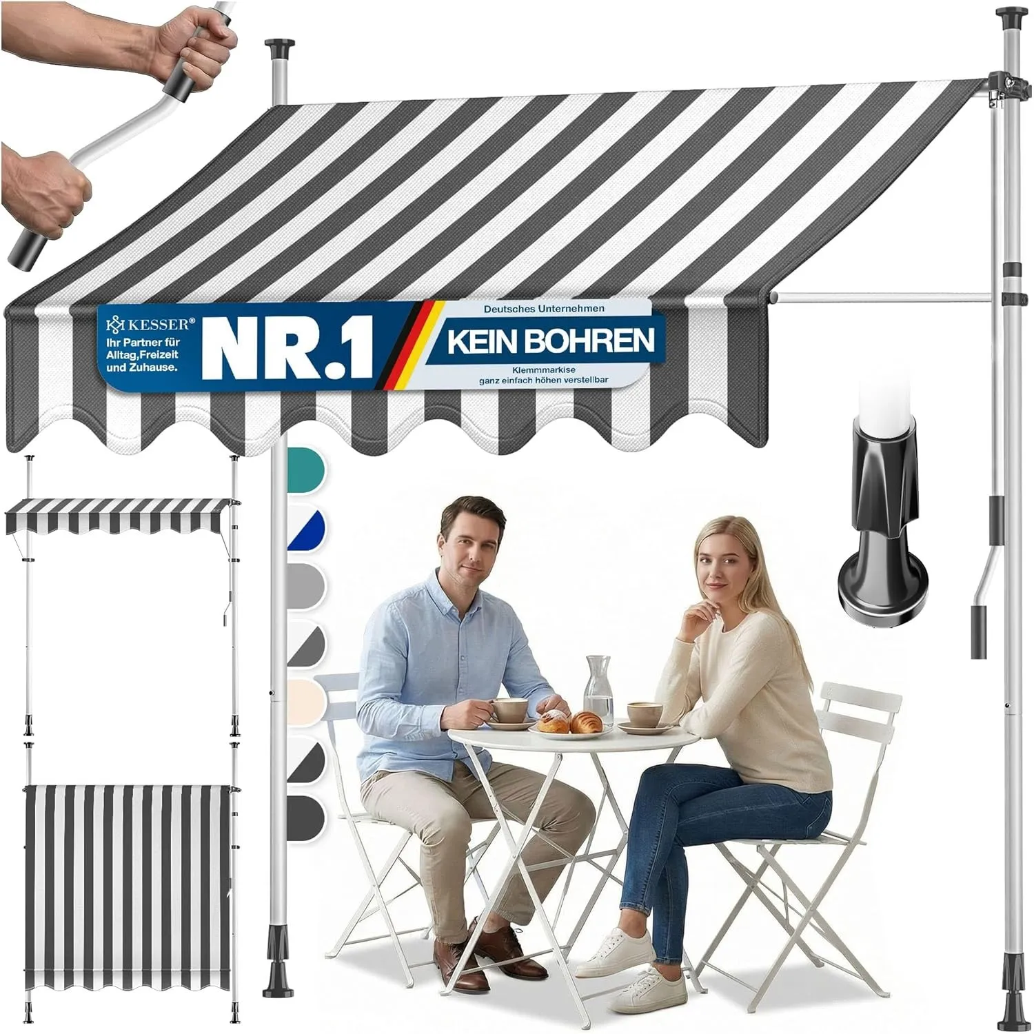 KESSER® Klemmmarkise mit Handkurbel Balkon, Balkonmarkise ohne Bohren, UV-beständig höhenverstellbar wasserabweisend, S…