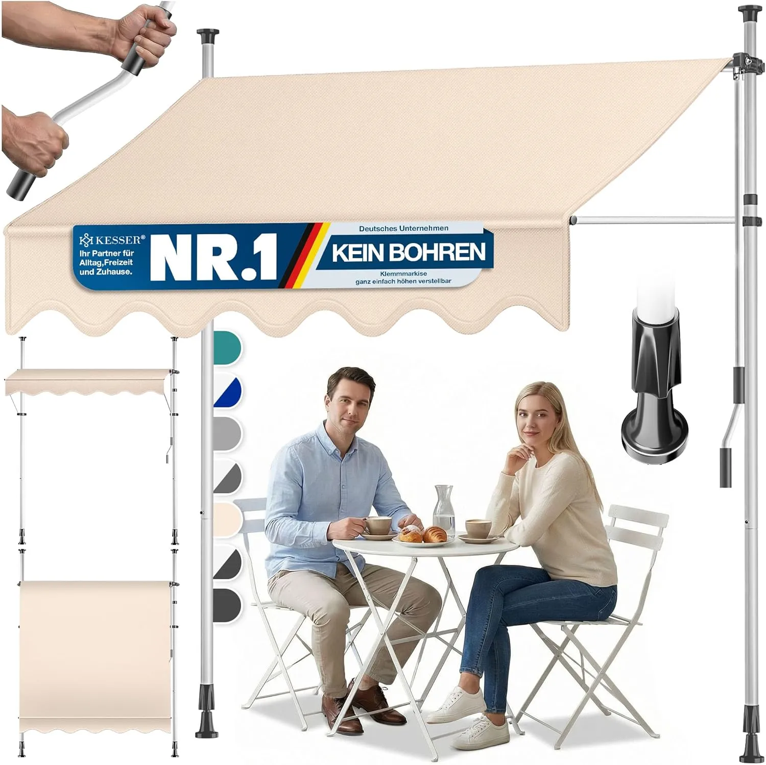 KESSER® Clamp Awning with Hand Crank, Balcony Awning, No Drilling UV-Resistant, Height Adjustable, Water-Repellent, Sun…