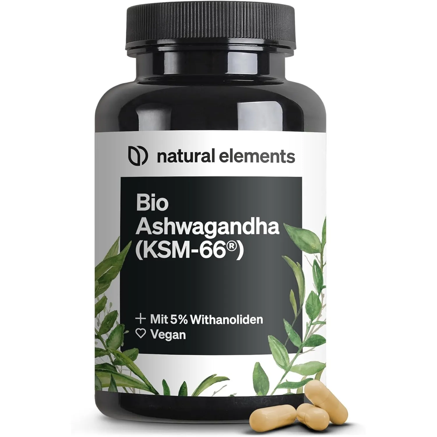 natural elements Bio-Ashwagandha – KSM-66® Premiumrohstoff (180 Kapseln mit überdurchschnittlicher Reichweite) – 5% Wit…