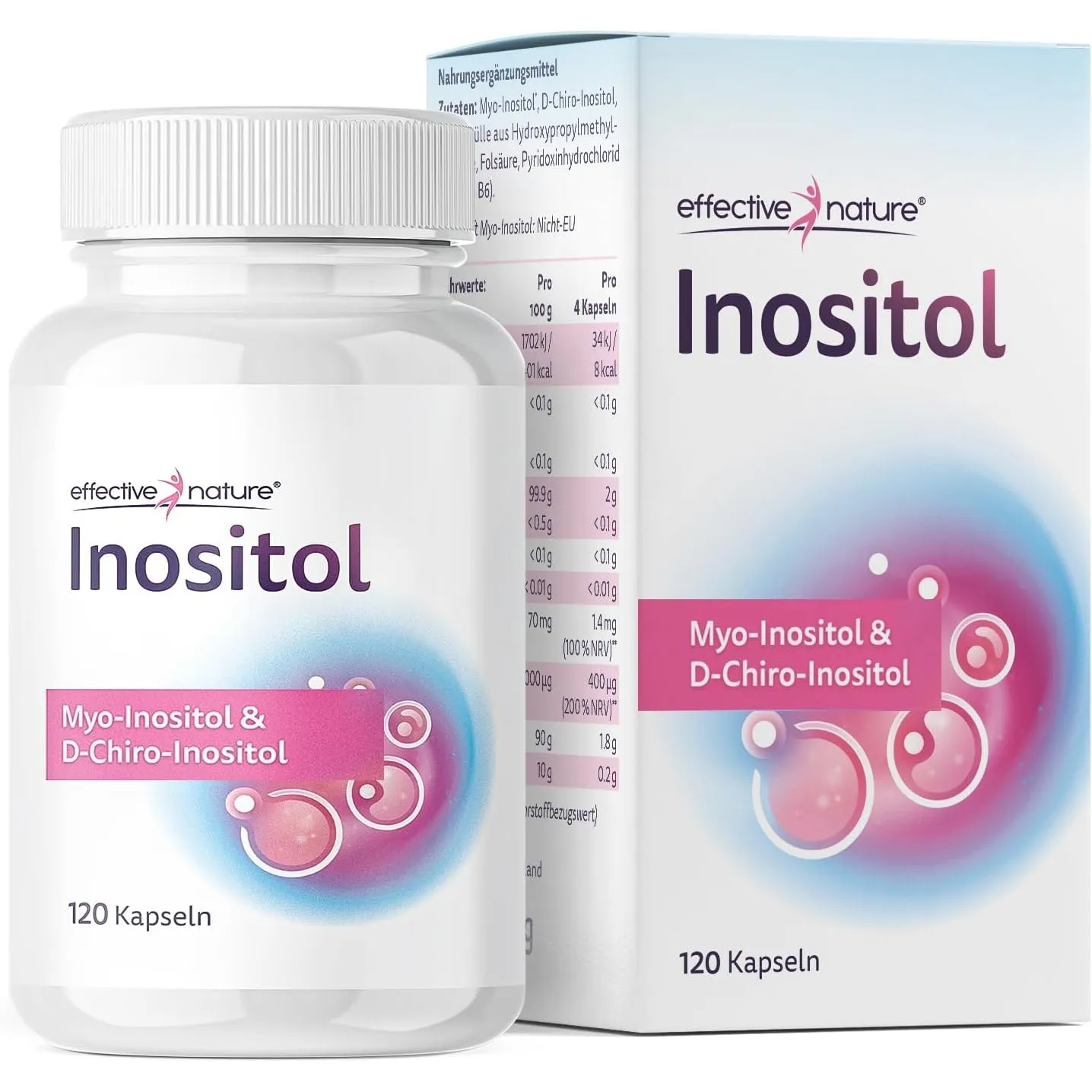 Effective Nature Inositol Kapseln - Myo & D-Chiro im Optimalen Verhältnis | Mit 400 µg Folsäure & 1,4 mg Vitamin B6 pro…