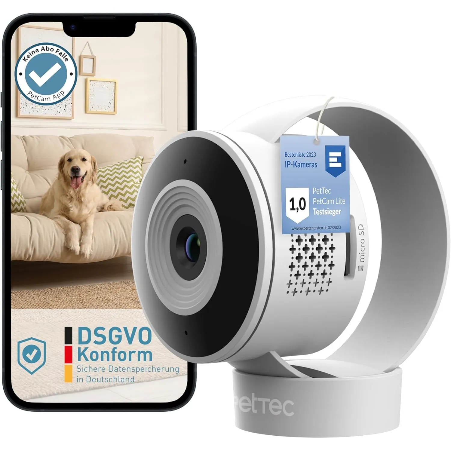 PetTec® Cam Lite - 3MP Haustierkamera Hundekamera mit App [OHNE ABO-Falle] - Katzen & Hunde Kamera Zuhause mit Bewegung…