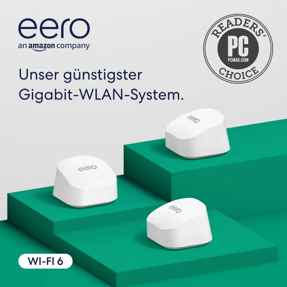 Amazon eero 6+ Mesh-WLAN-Router | 1-Gbit/s-Ethernet | Bis zu 420 m² Abdeckung | Für Verbindungen mit über 75 Geräten | …